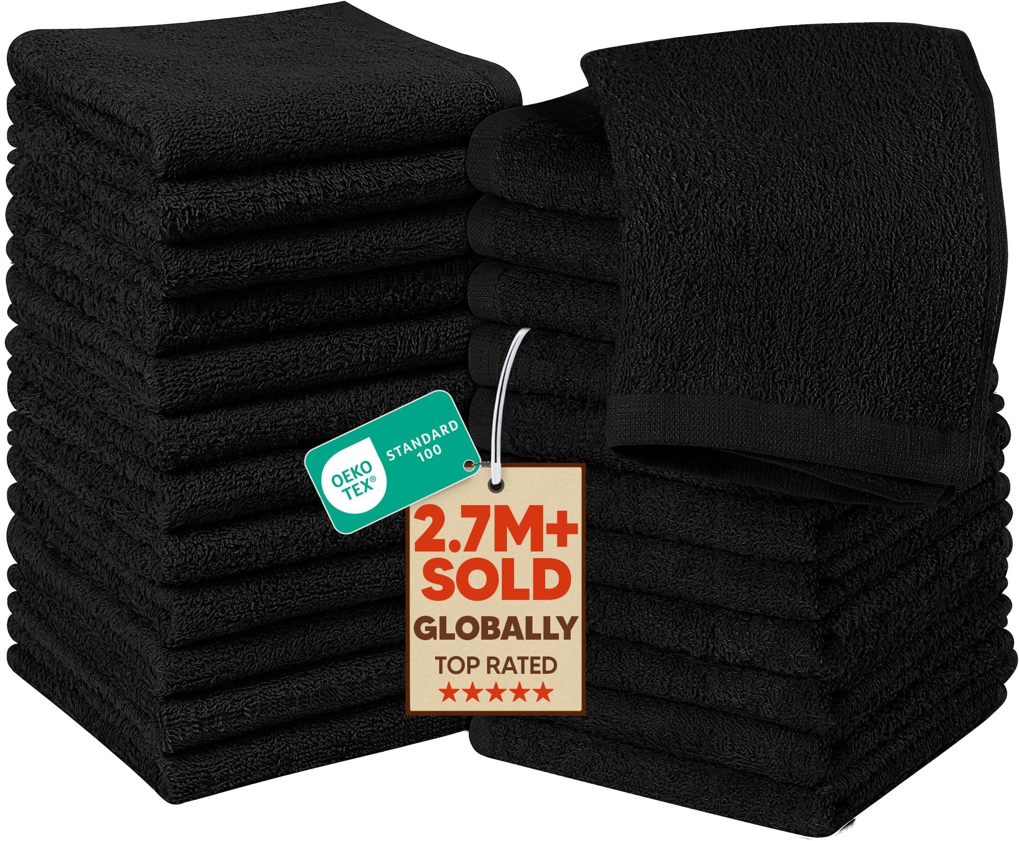 24 Pack Cotton Washcloths Set, 100% Ring Spun Cotton, Premium Quality Flannel Face Cloths, Highly Absorbent and Soft Feel Fingertip Towels, Black