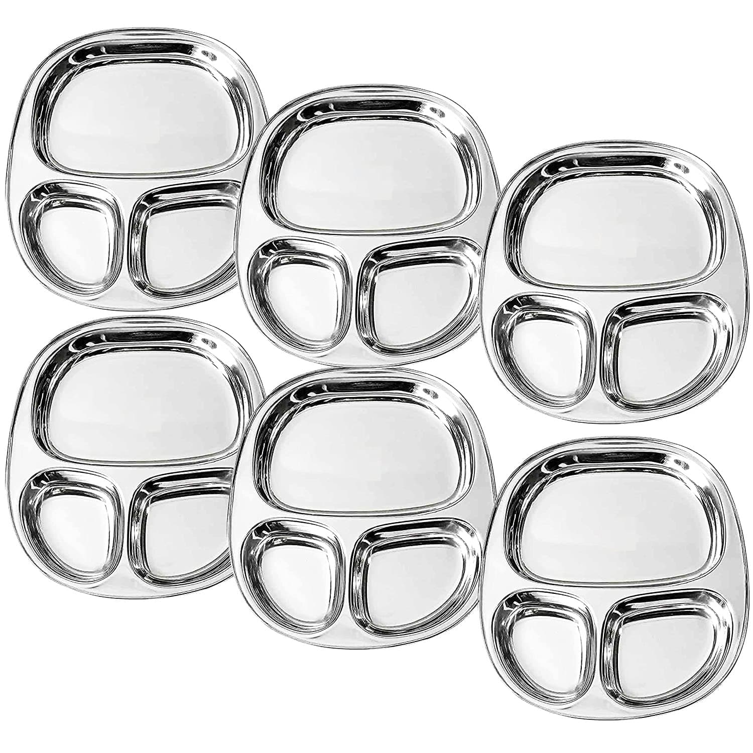 Dynore Stainless Steel 3 in 1 Three Compartment Nasta/Snacks/Kids Nasta Plate/Partition Plate- Set of 6