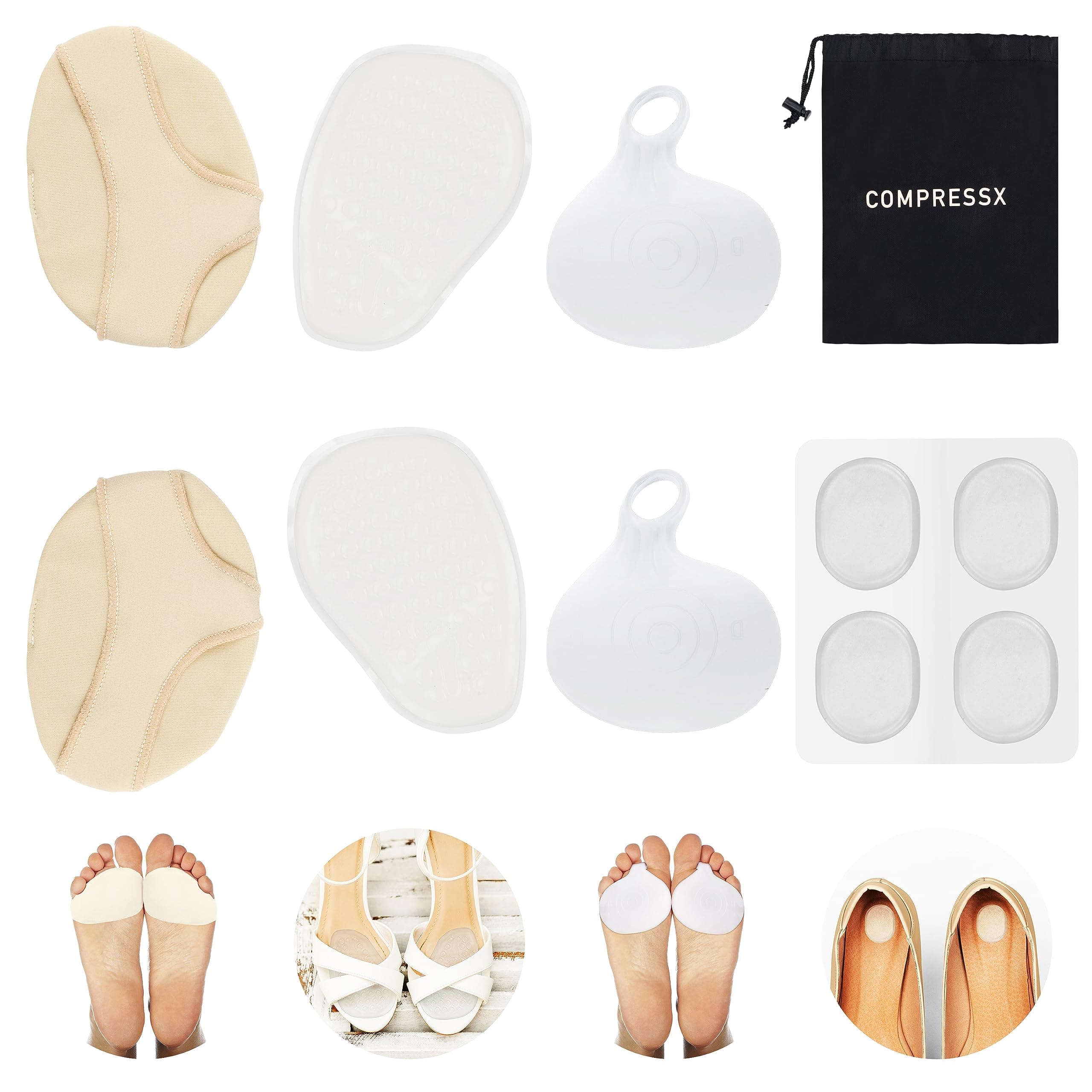 Compressex Metatarsal Pads for Women & Men (10 Pack) - Mortons Neuroma Gel Ball of Foot Cushions for Forefoot Blisters & Metatarsalgia Pain Relief - Soft Support Cushion Pads