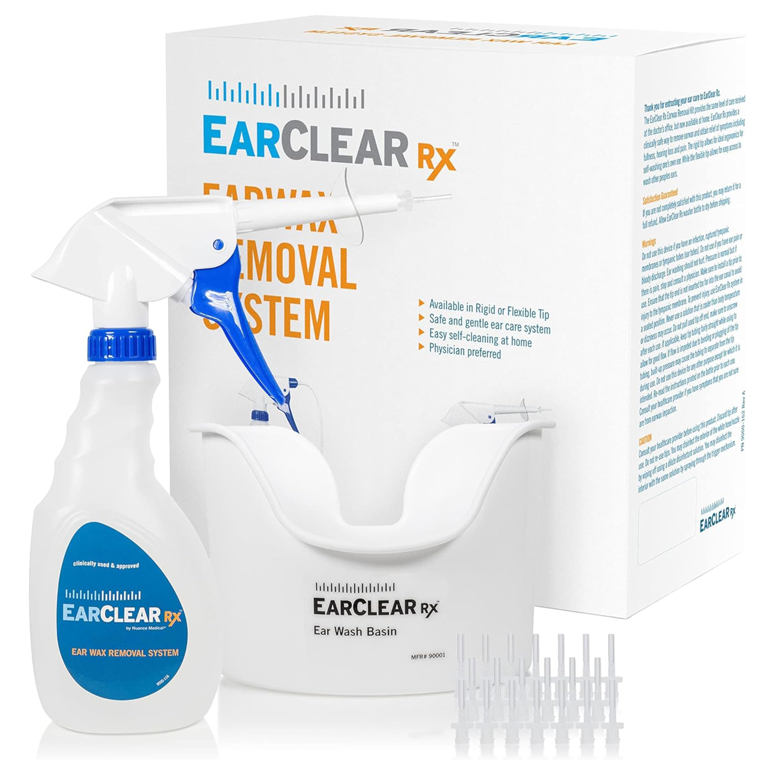 EarClear Rx Complete Ear Wax Removal & Cleaning Kit – Safe, Gentle, Doctor-Recommended Ear Cleaning & Ear Wax Removal Kit for Adults & Kids – Includes Bottle Washer, Basin & 20 Rigid & Flexible Tips
