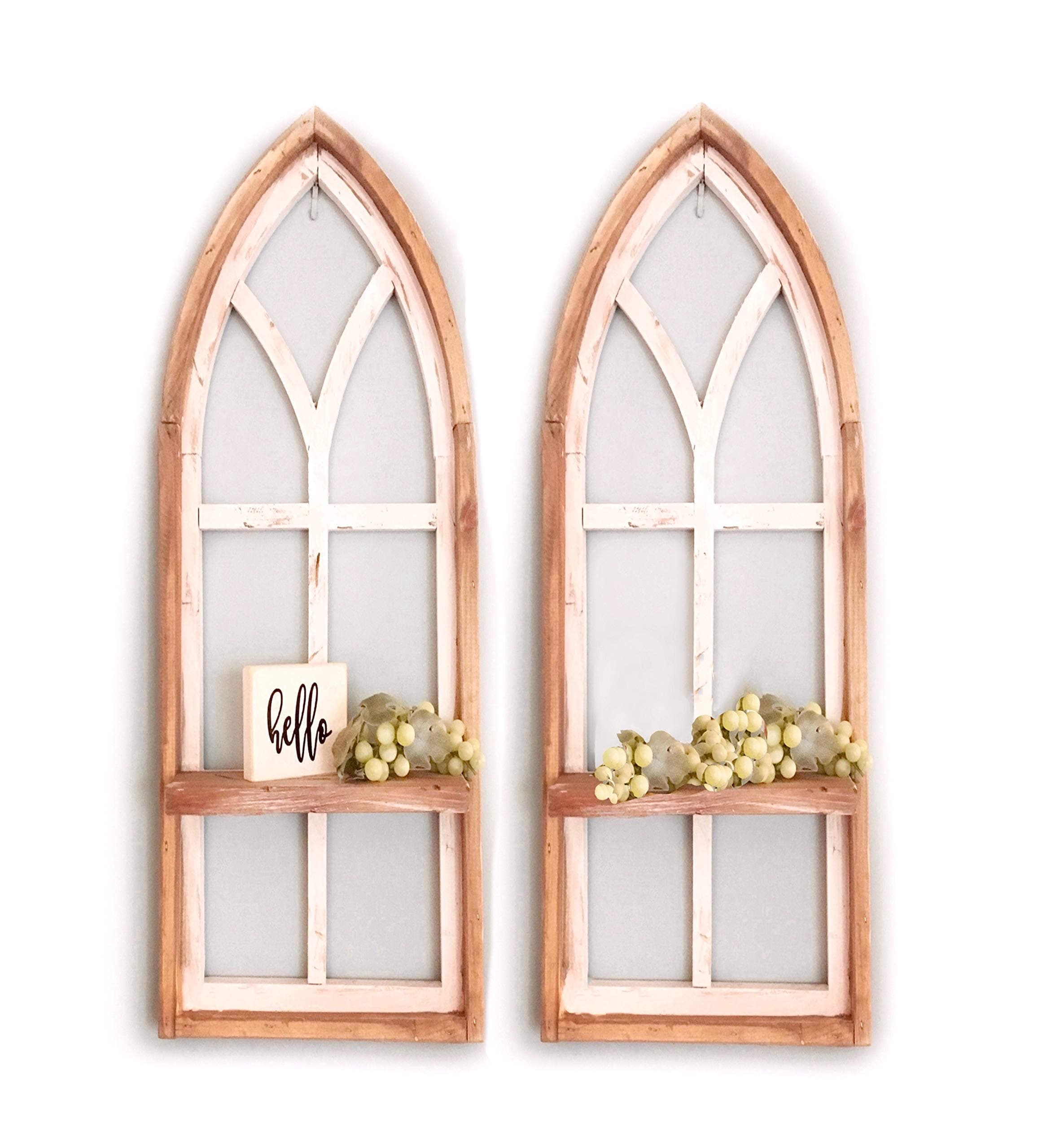 2 Cathedral arch window frames, Shelf, 36 inch Farmhouse cottage decor, Cathedral window frame, chippy paint, Wall decor, Farmhouse wall, Window frame