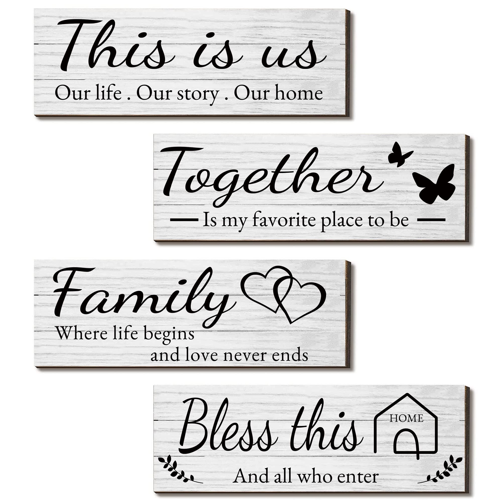 Joyhawk 4 Pieces Wooden Home Wall Art Decor, Rustic, Farmhouse THIS IS US/TOGETHER/BLESS THIS HOME/FAMILY Decor Signs For Living Room Bedroom, 4.7 x 13.8 Inch(White)