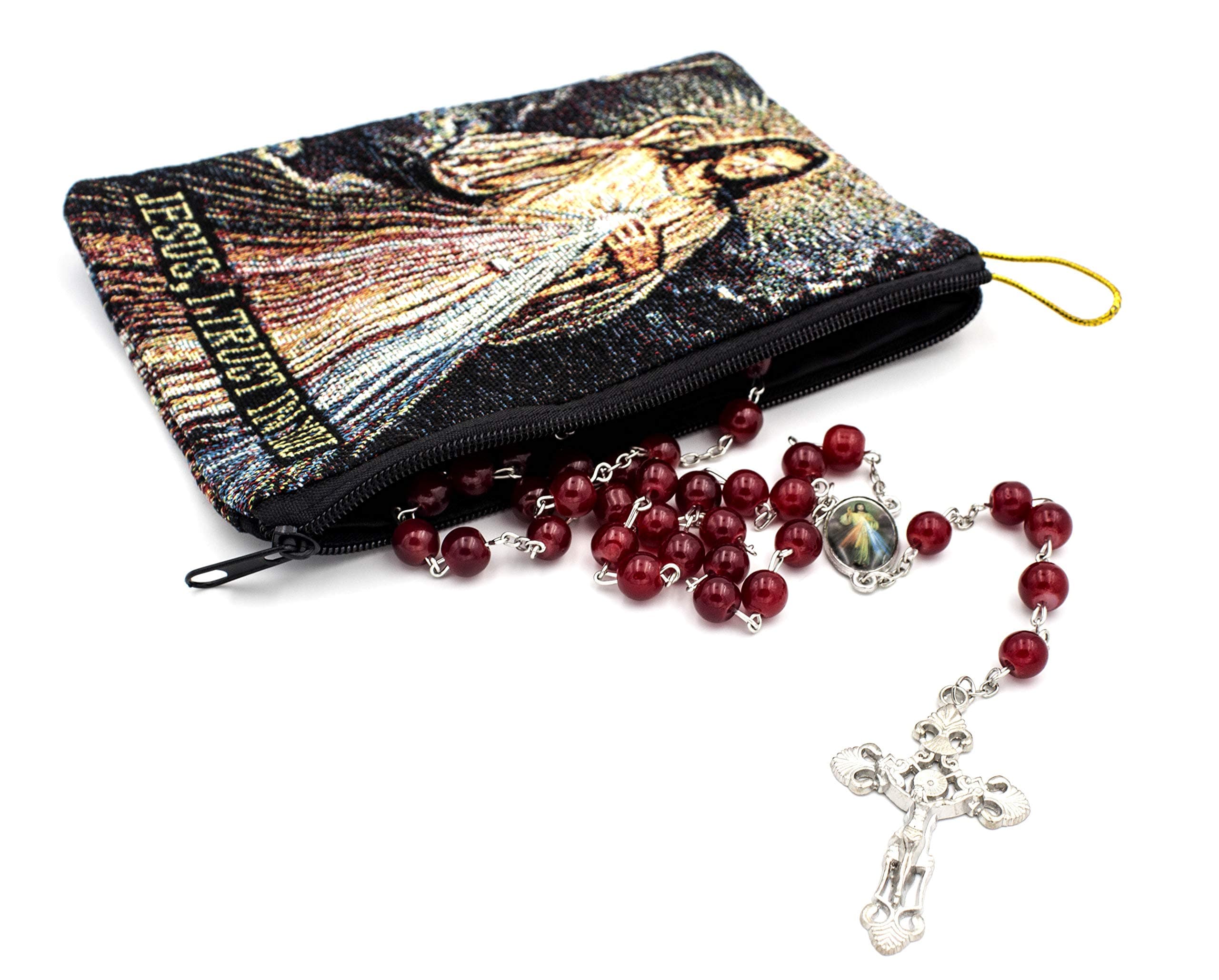 Elysian Gift ShopDivine Mercy Rosary Gift set. Includes Divine Mercy 8mm Deep Red bead rosary and Beautiful Tapestry Rosary Bag
