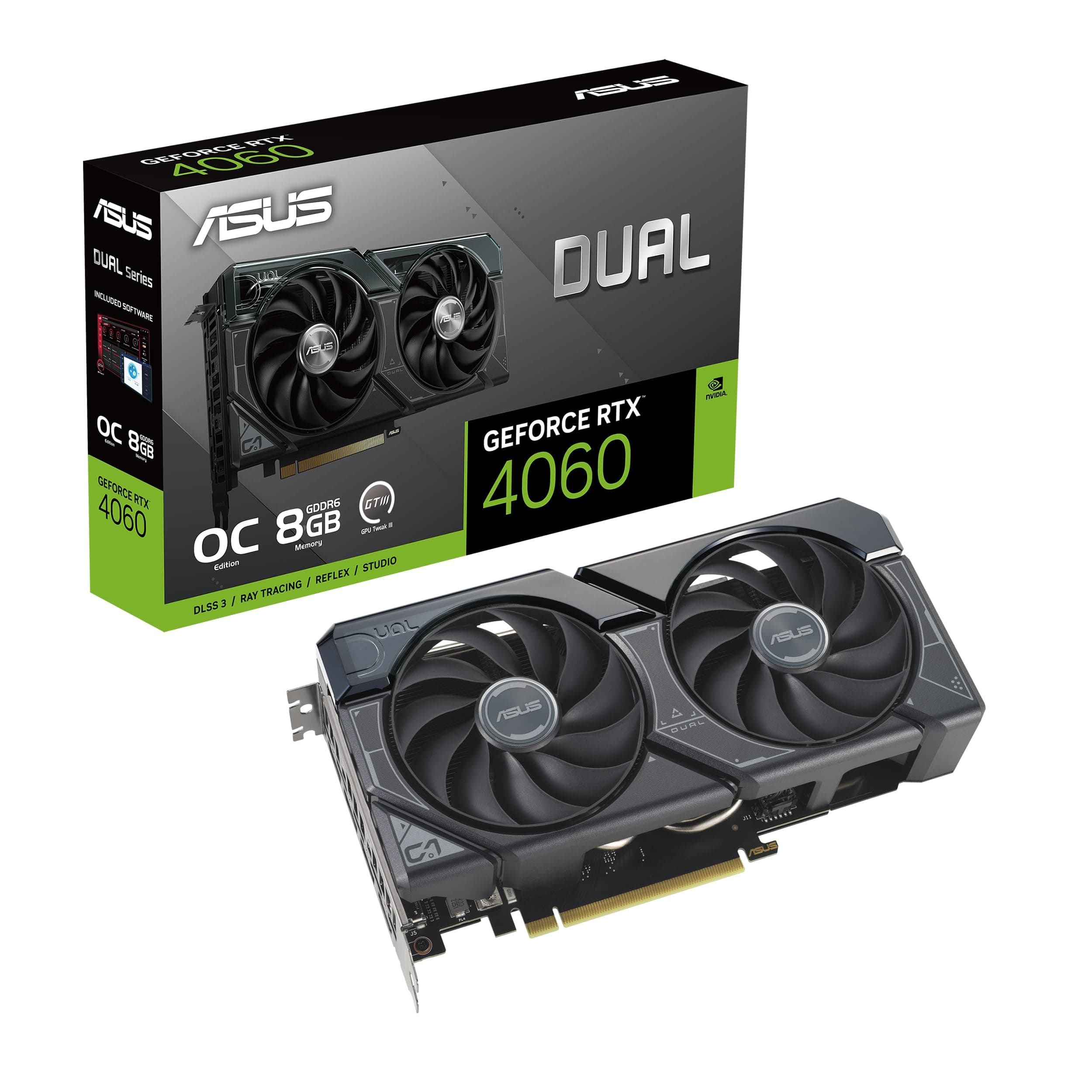 Dual GeForce RTX™ 4060 OC Edition 8GB GDDR6 (PCIe 4.0, 8GB GDDR6, DLSS 3, HDMI 2.1a, DisplayPort 1.4a, 2.5-Slot Design, Axial-tech Fan Design, 0dB Technology, and More)