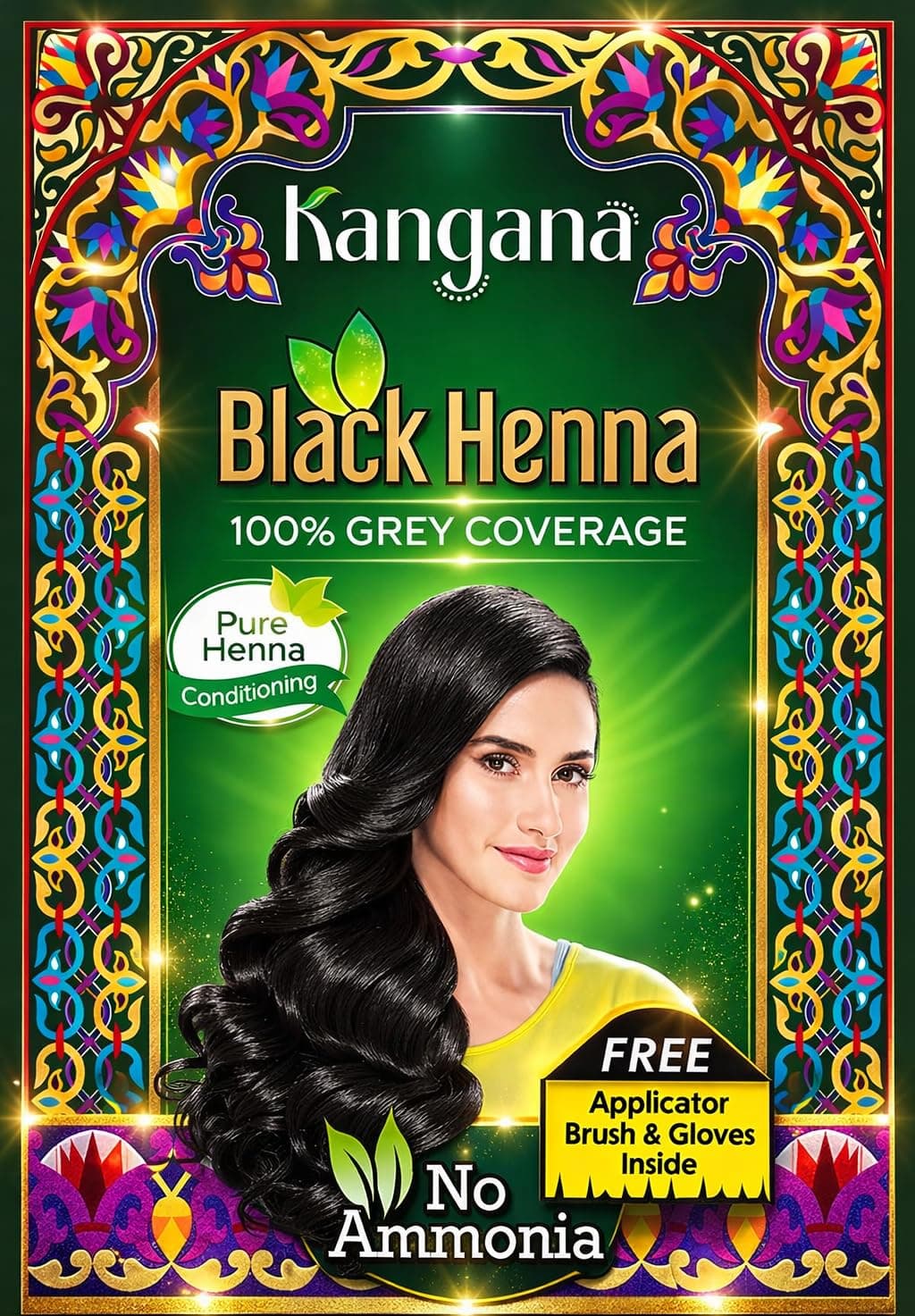 Kangana Black Henna for 100% Grey Coverage - Natural Hair Dye/Color | 6 Pouches - Total 60g (2.11 Oz)