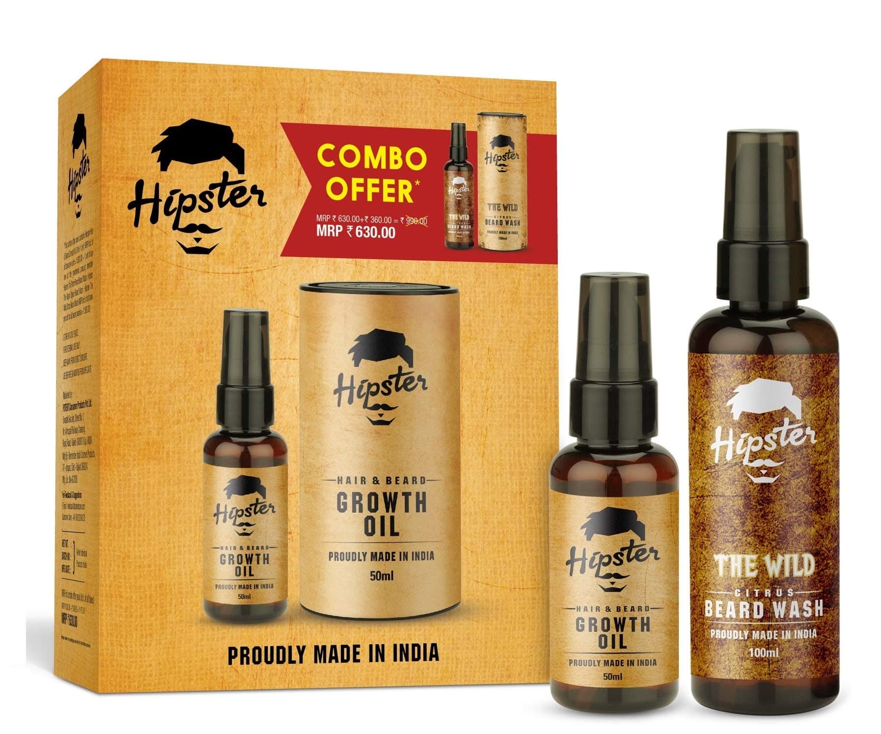 Hipster Beard Growth Oil 50 ML and Beard Wash 100 ML, Hair Growth Oil For Men, Argan & Almond oil, Beard Growth Oil for Patchy Beard, Nourishment & Moisturization, No Harmful Chemicals