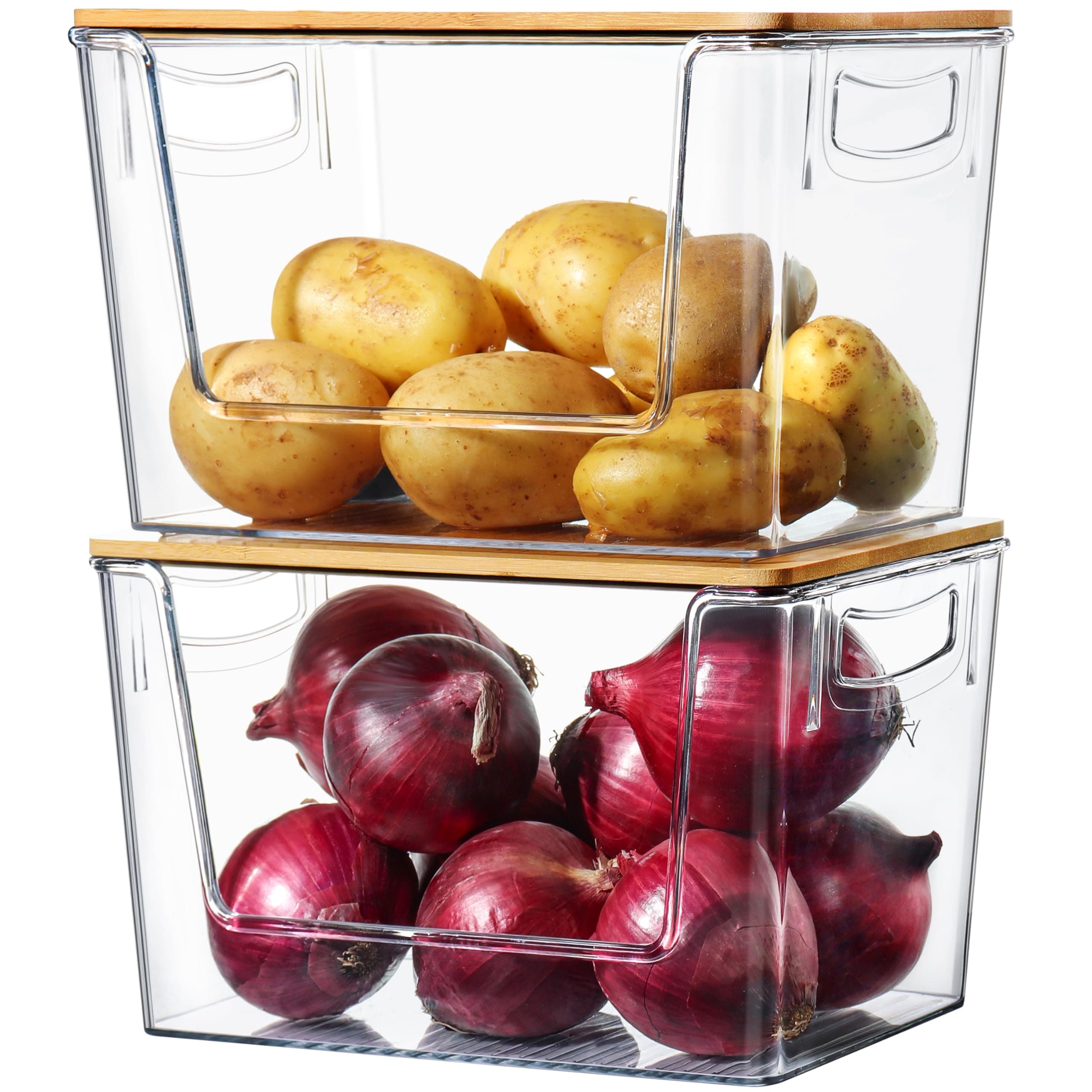 Pantry Organizers Storage, 2 Pack Large Capacity Clear Storage Bins with Bamboo Lids for Onion, Potato, Garlic, Canned Food, Under Sink Organizer Kitchen Countertop Organizer