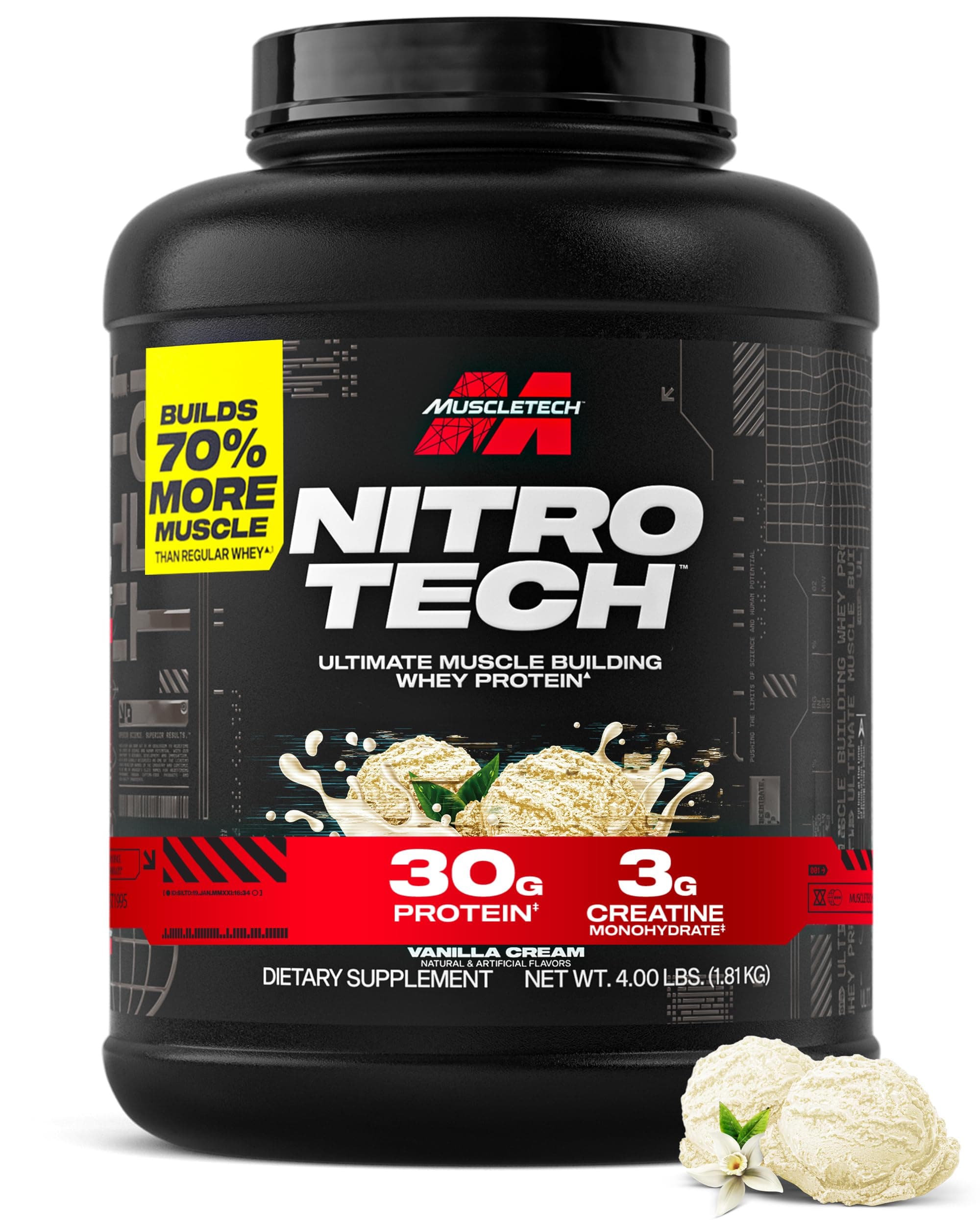 Nitro-Tech | Whey Protein Isolate & Peptides for Men and Women | 30g of Protein & 3g of Creatine | Muscle Building & Faster Recovery | Vanilla Cream | 1810 grams | 39 servings