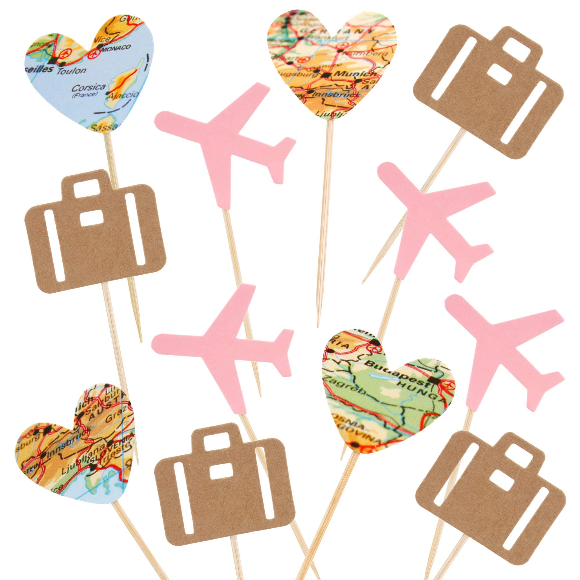 24 Pack Heart Map Luggage Airplane Cupcake Toppers Plane for Travel Theme Baby Shower Birthday Party Cake Decor