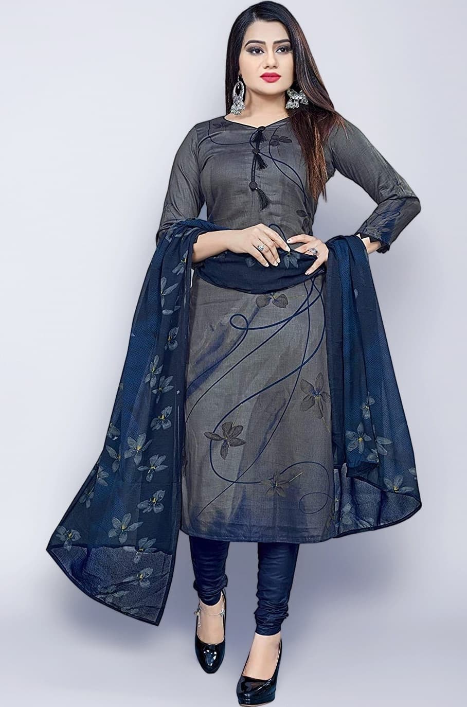 Rajnandini Women's Grey Cotton Printed Unstitched Salwar Suit Material