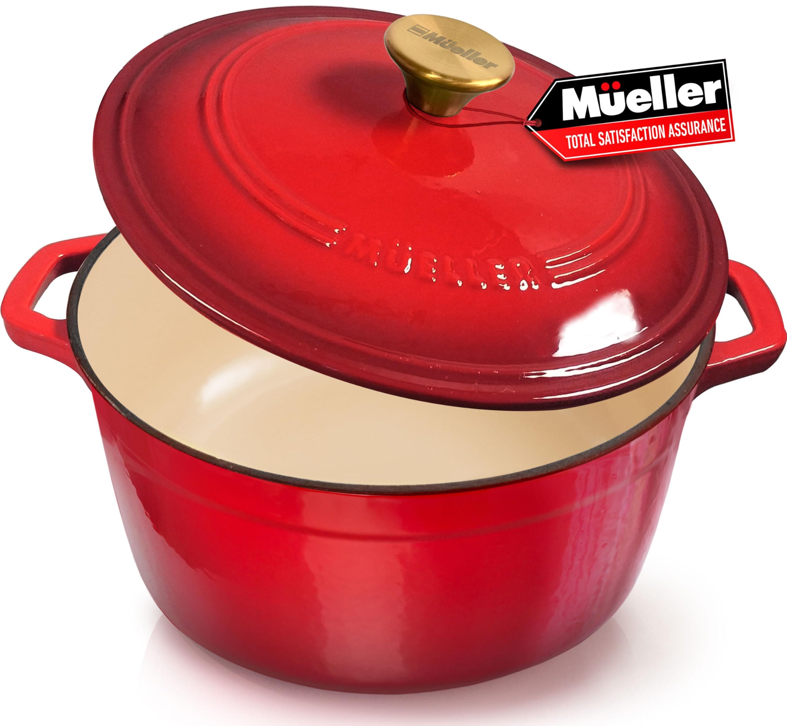 Mueller 6qt Enameled Cast Iron Dutch Oven, Heavy-Duty Casserole and Braiser Pan with Lid and Knob, Oven-Safe up to 500° F & Across All Cooktops, Red