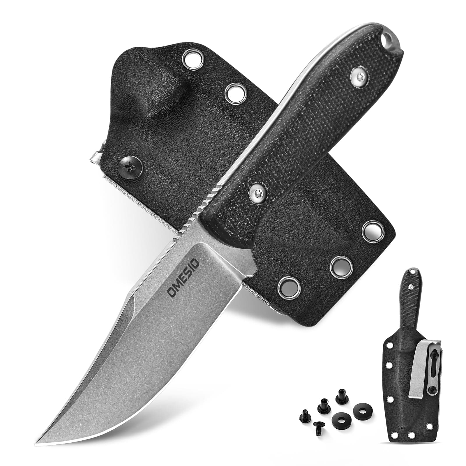 Omesio Hunting Knife with Sheath, 3.07" Clip Point D2 Blade Micarta Handle & Lanyard, M-Moon Small Fixed Blade EDC Full Tang Hunting Knife for Camping Survival Hiking