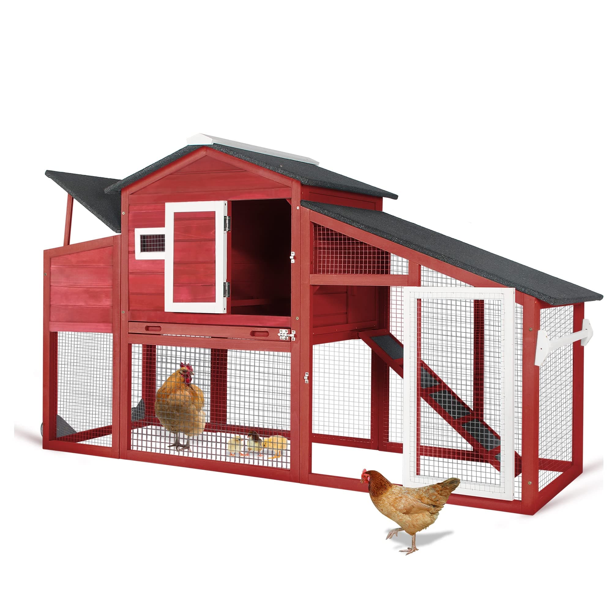 Chicken Coop Large Wooden Chicken Tractor with Wheels Waterproof Outdoor Hen House Poultry Cage Back Yard Chicken Coops with Run, Laying Boxes and Secure Enclosure (Sloping Roof)