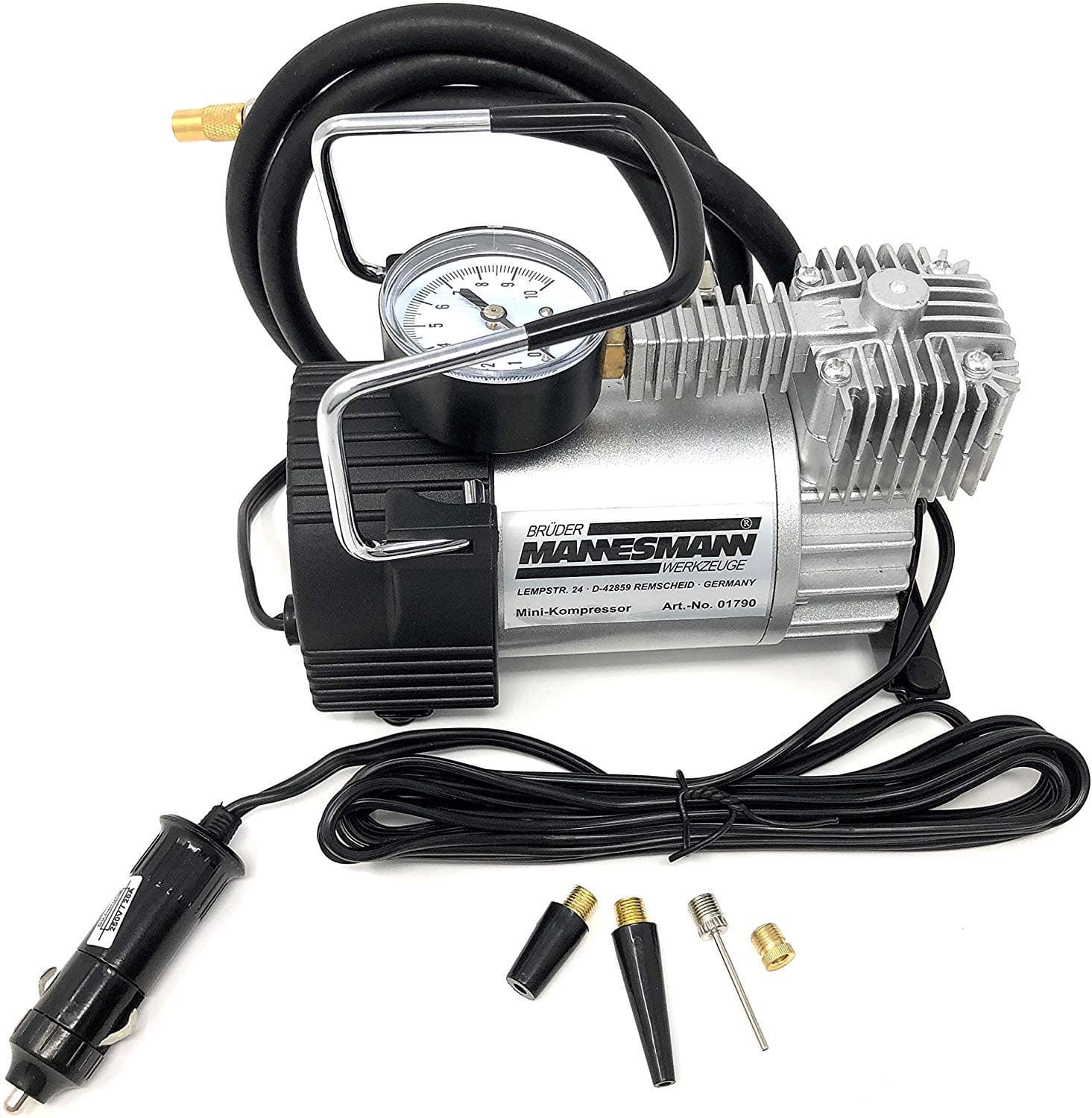 Mannesmann Mini Aluminium Compressor, 12V, 35L/min, 10 bar, Portable, Includes 4 Adapters, Model M01790