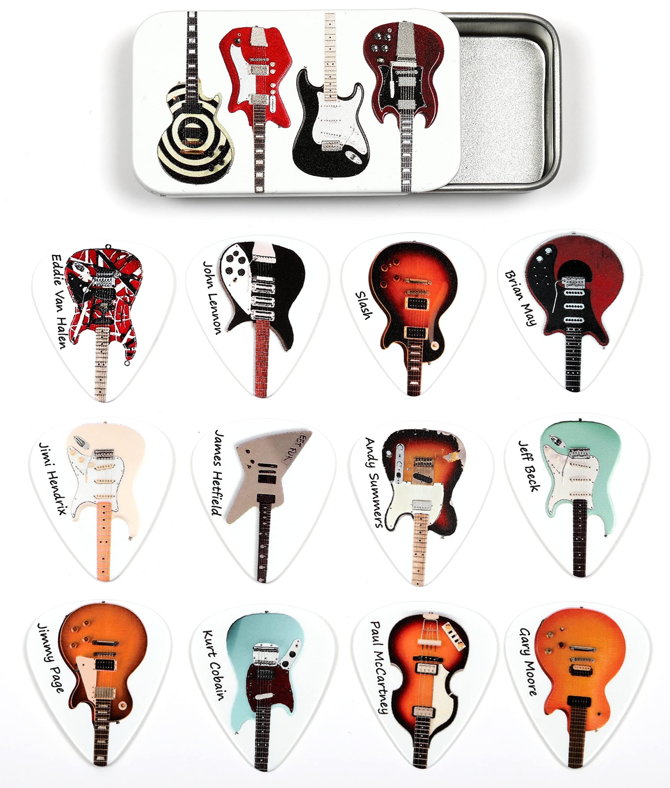 Tin of 12 Guitar Plectrums Featuring 24 Famous Guitars - Harmony Picks