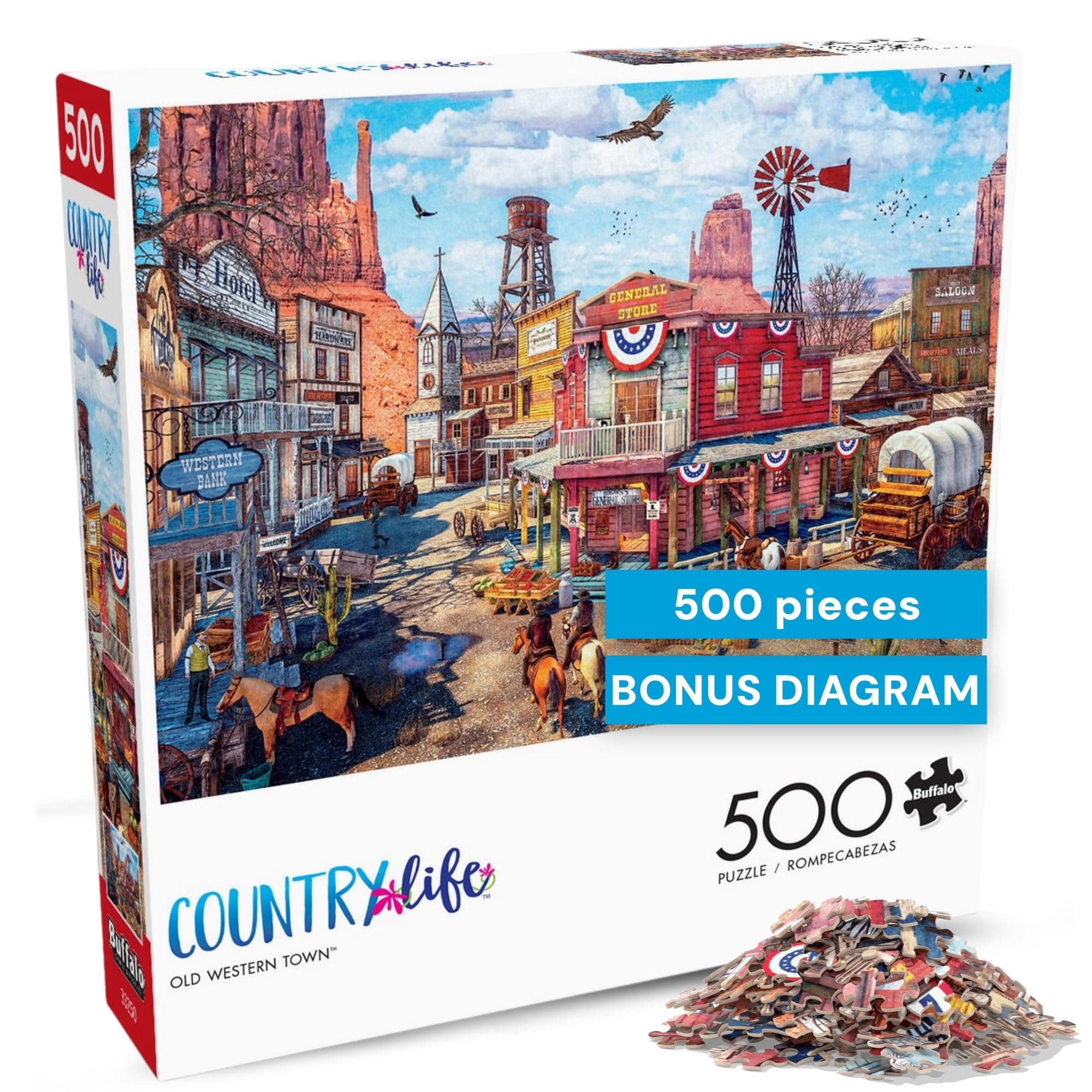 Buffalo Games Old Western Town - Dominic Davison - 500 Piece Jigsaw Puzzle for Adults - Challenging Vintage Western Art with Bonus Diagram - Country Life Collection - Made in the USA