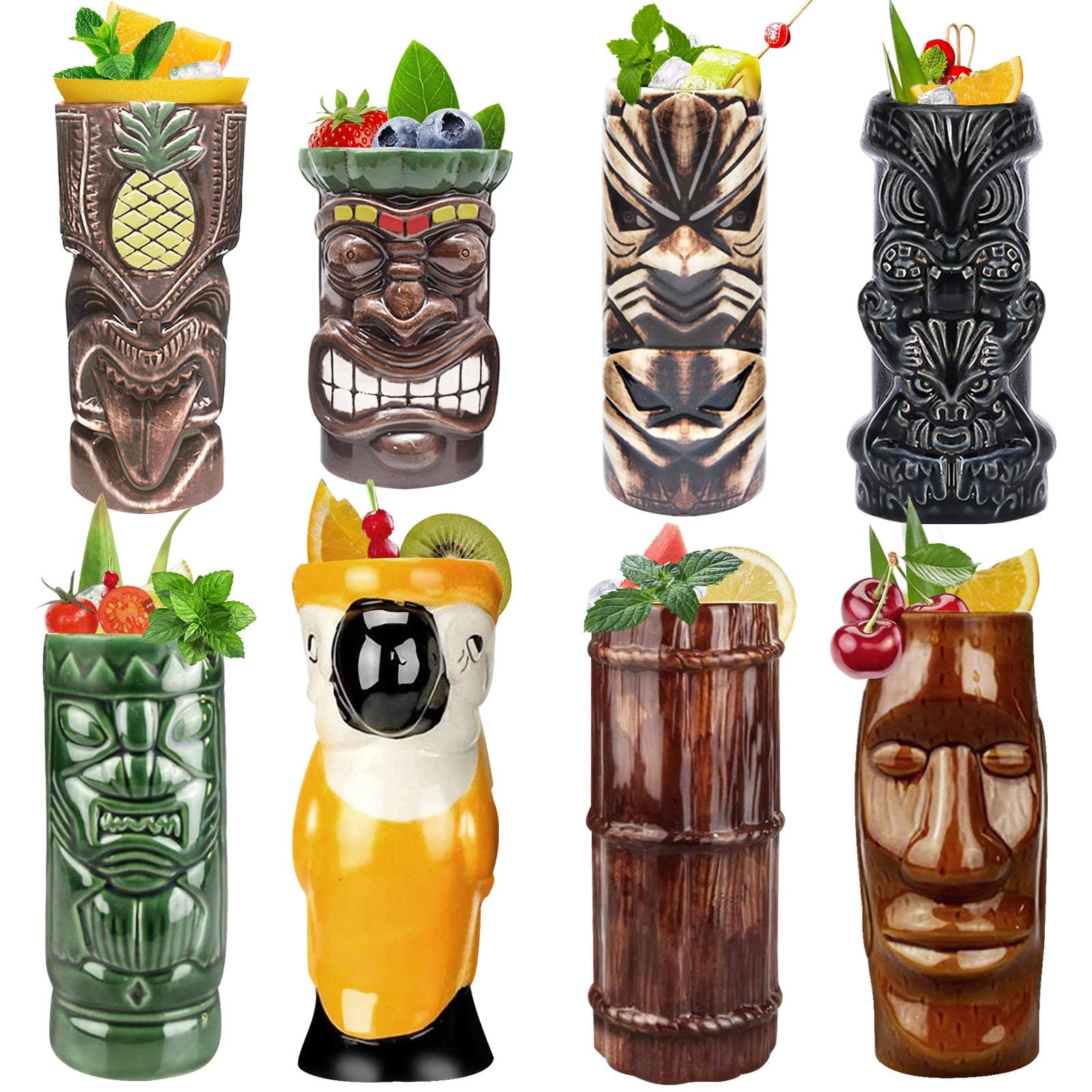 LINALL Tiki Mugs Cocktail Set of 8 - Ceramic TIKI Mugs Hawaiian Party Cute Exotic Cocktail Glasses Hawaiian TIKI Mug - TKSET0080 (8pcs)