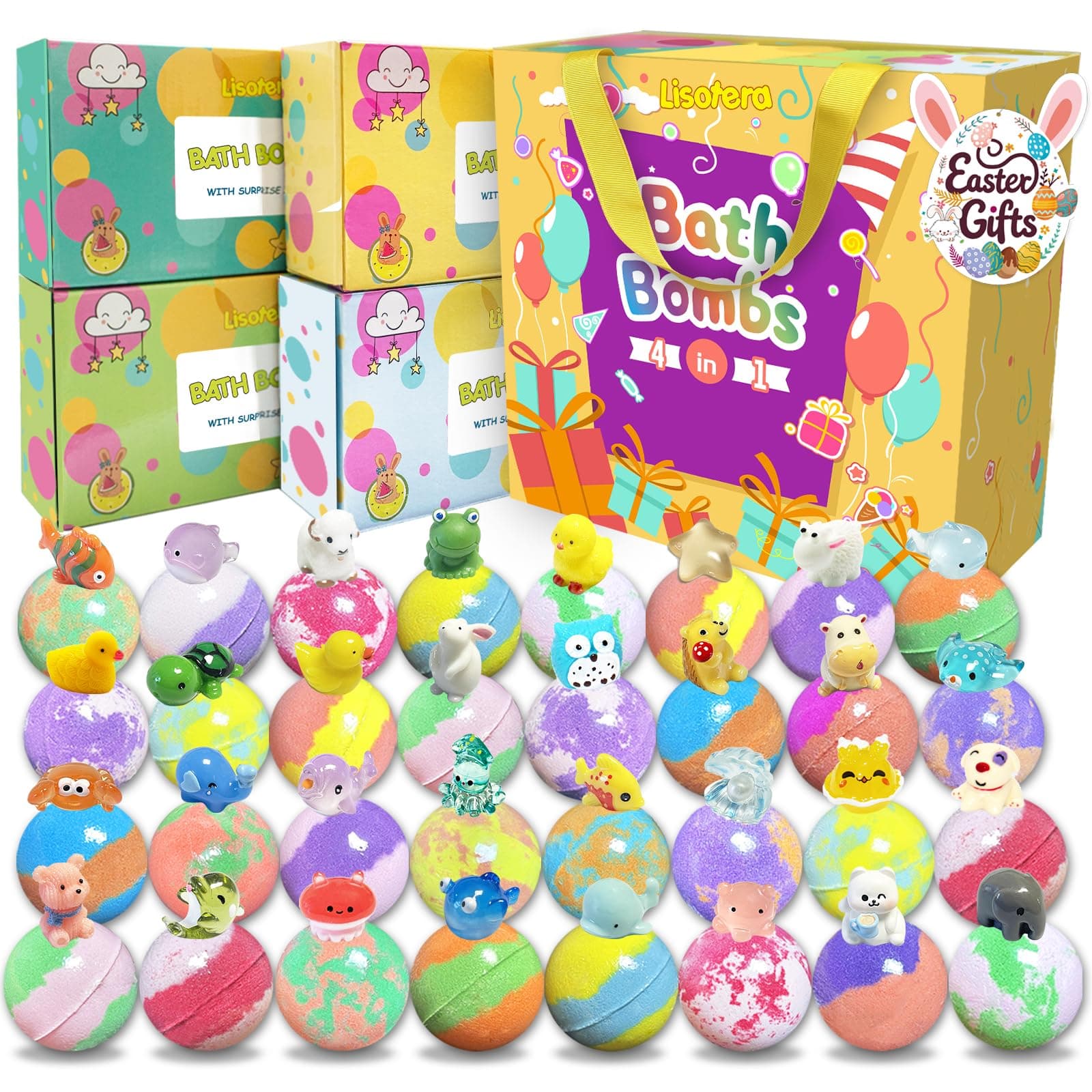 Bath Bombs for Kids Surprise Inside 32 Pack Bath Bombs with Land and Sea Animal Toys, Bath Ball Gift Set for Kids with Bubbles Colo