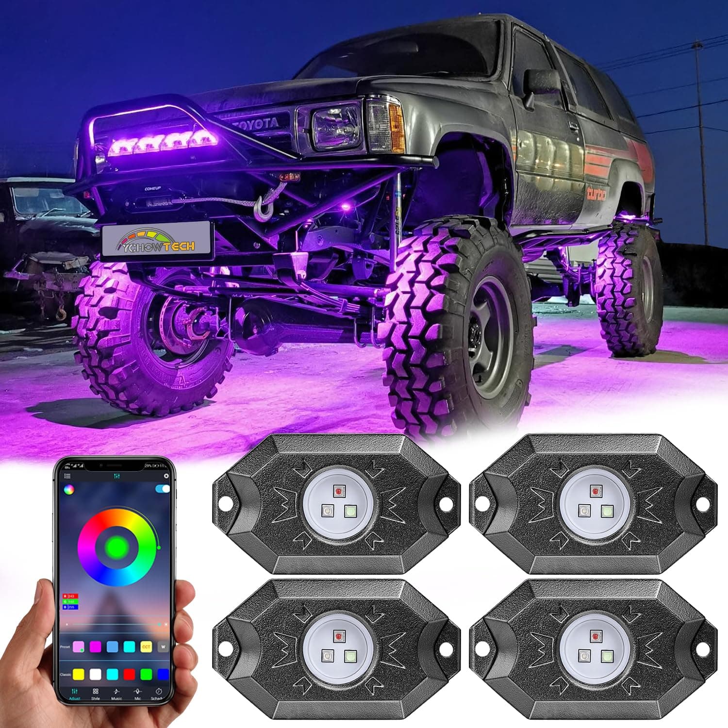 YCHOW-TECH RGB LED Rock Lights Kit 4 Pods Multicolor