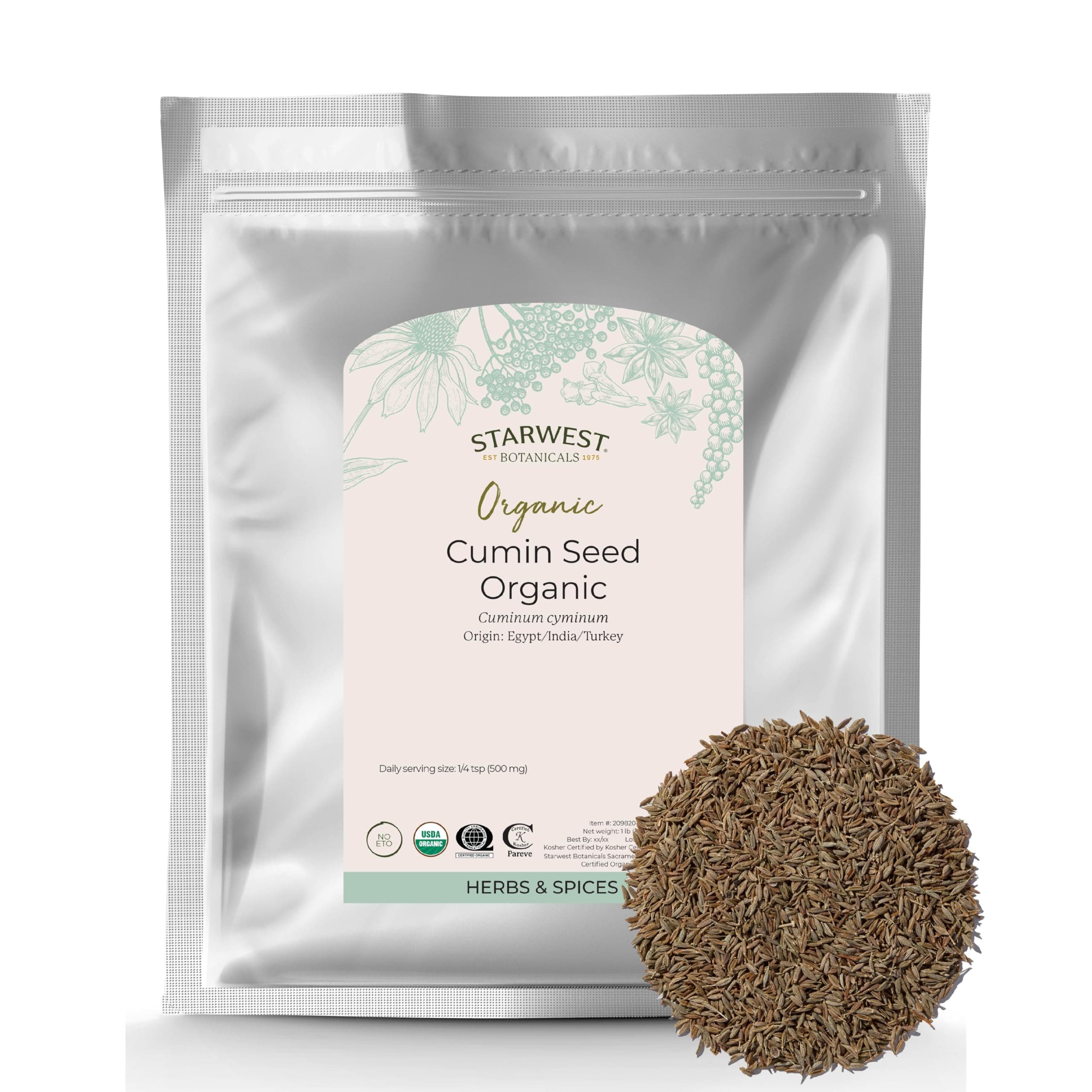 Starwest Botanicals Organic Cumin Seed - Dried Seasoning for Curry, Chili, & Other Food, Rich & Earthy Spice, Supports Digestion, Non-GMO - Bulk 1 lb Bag