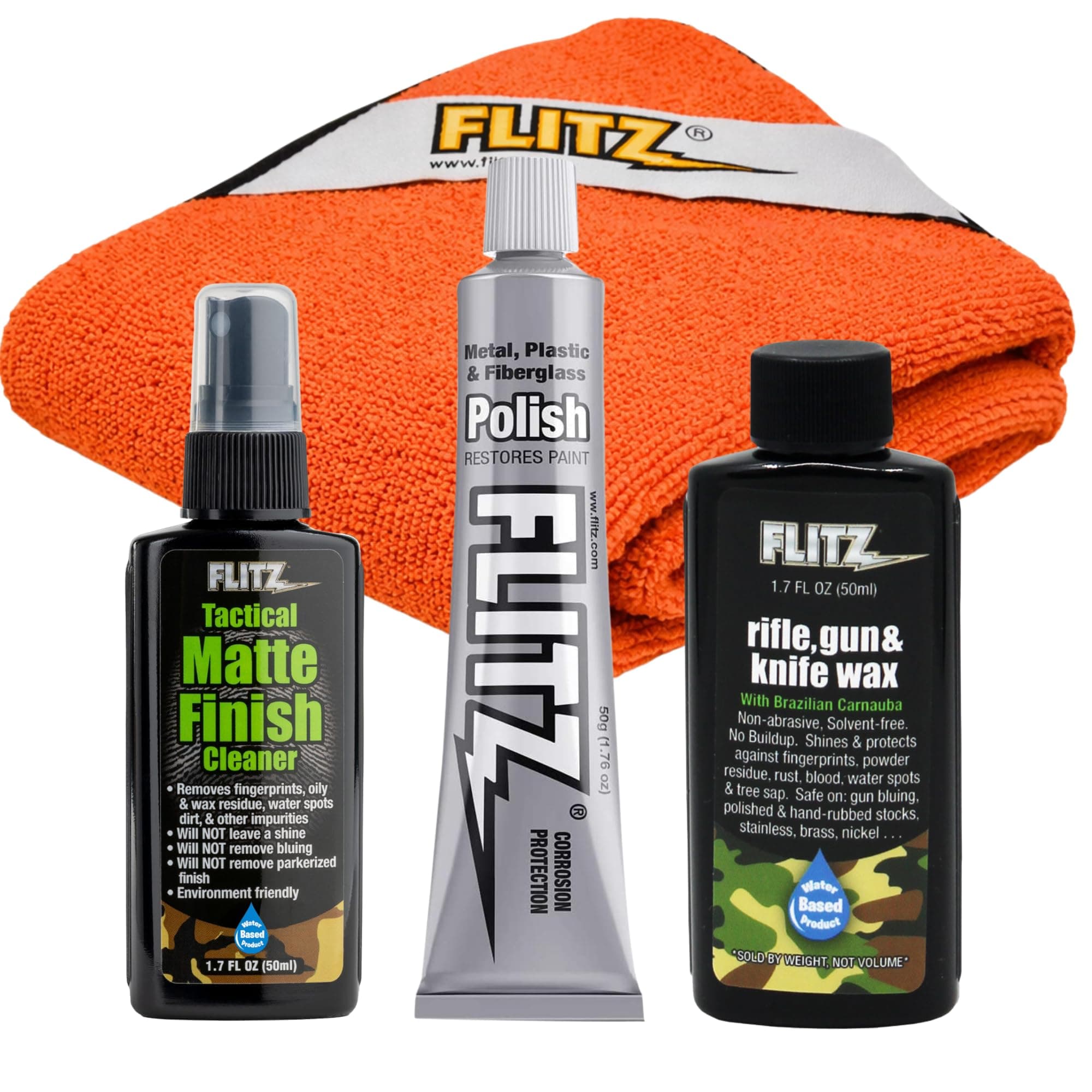 Gun & Knife Maintenance Kit - USA-Made All-in-One Knife Cleaner & Polishing Tools - Includes 1.76oz Polish, 1.76oz Wax, 1.7oz Matte Finish Cleaner, & Microfiber Cloth - Gun Cleaning Kit