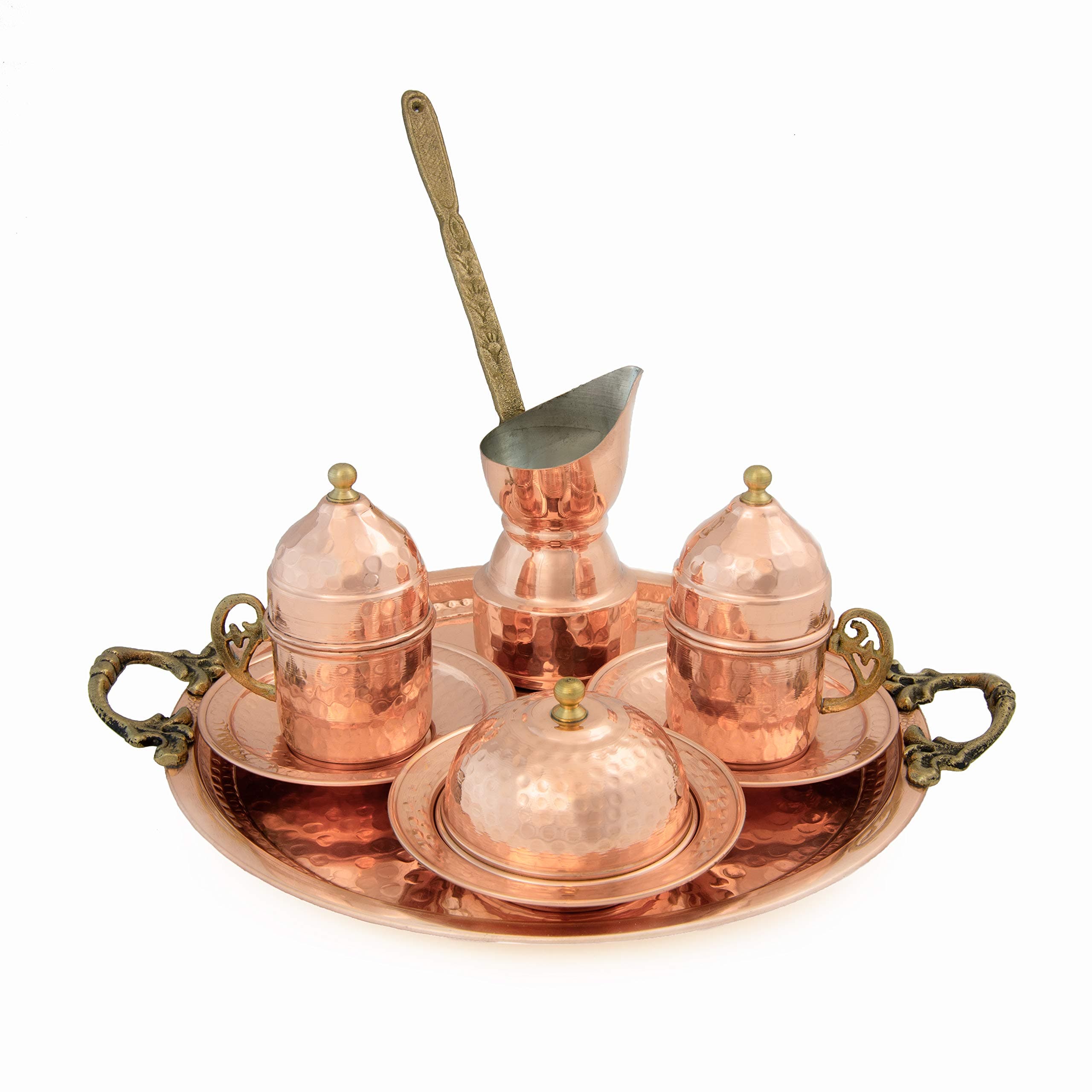 Hand hammered Copper Turkish Coffee Set – 2 Cups, Serving Dish, Tray & Cezve