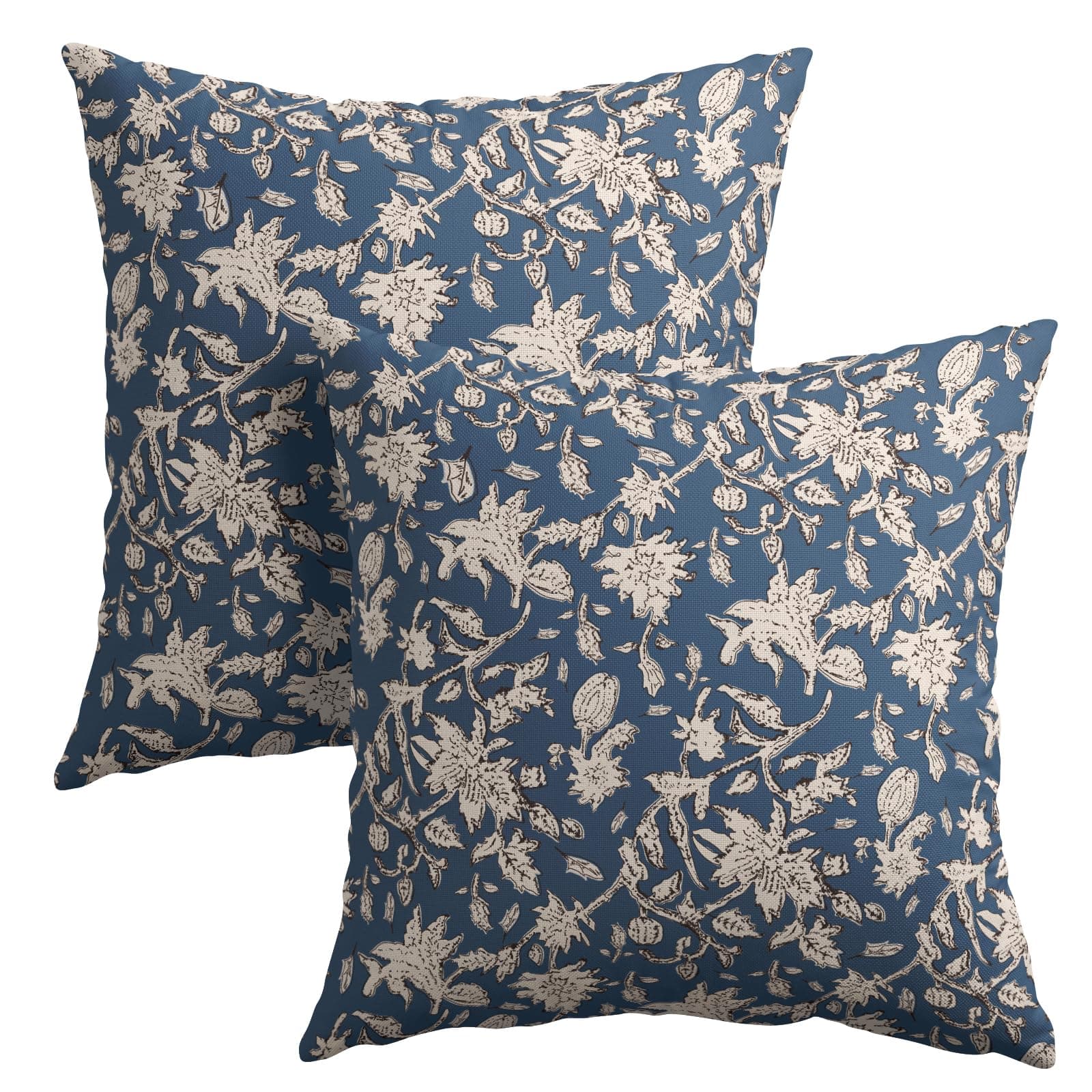 Blue Floral Block Print Throw Pillow Covers 18x18 Inch Set of 2 Vintage Boho Cottage Spring Fall Decor Cushion Cover Neutral Accent Modern Pillowcase for Home Bedroom Sofa Couch