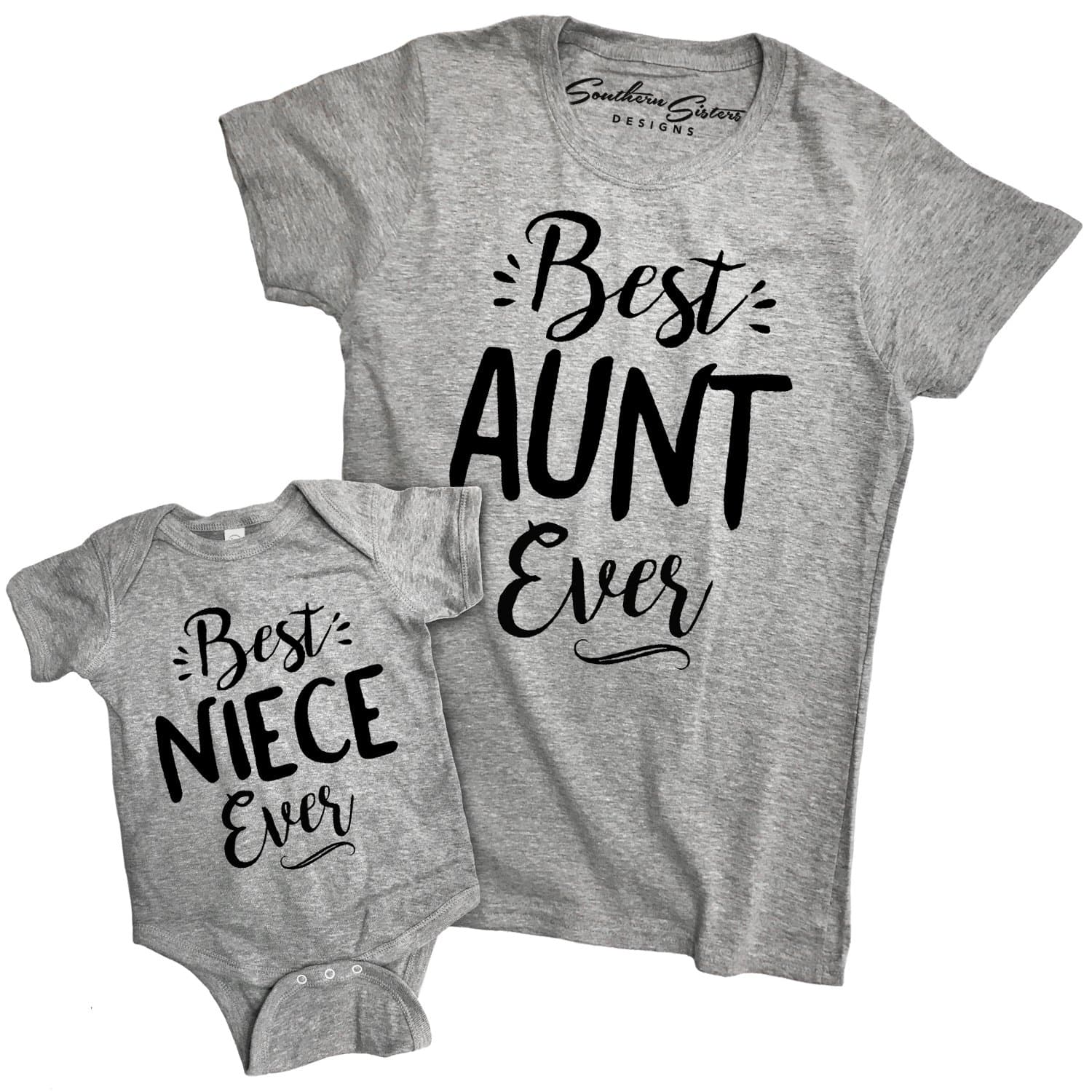 Southern Designs Best Aunt and Niece Ever Matching Romper and Fashion Tee Heather Gray
