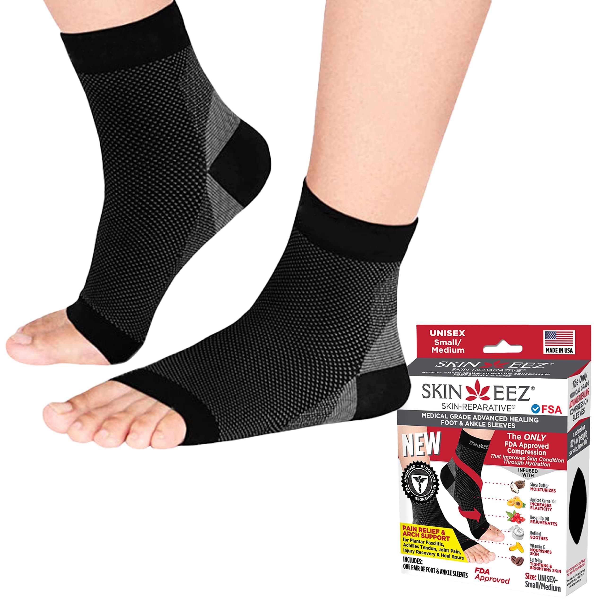 Skineez Compression Ankle Sleeve 20-30mmHg, Medical Grade Compression, Reduces Swelling and Chronic Heel Pain, Stabilizes Foot Arch, Ultra-Soft and Breathable, Black/Gray, Large/X-Large, 1 Pair (2 Sleeves)