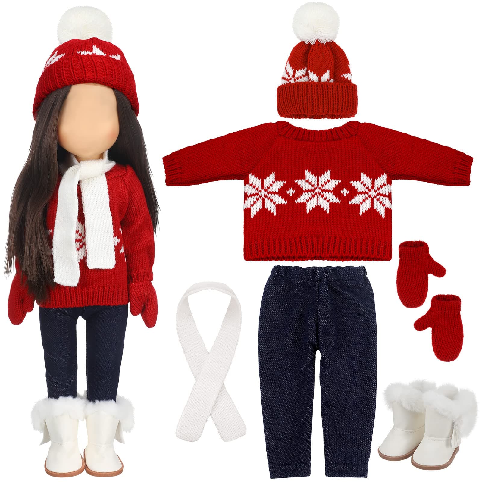 Bencailor 6 Pcs 18 Inch Christmas Doll Clothes and Accessories Winter Outfits Set Sweaters Trousers Hats Shoes Gloves for 18 Inch Doll Gifts(Red White)