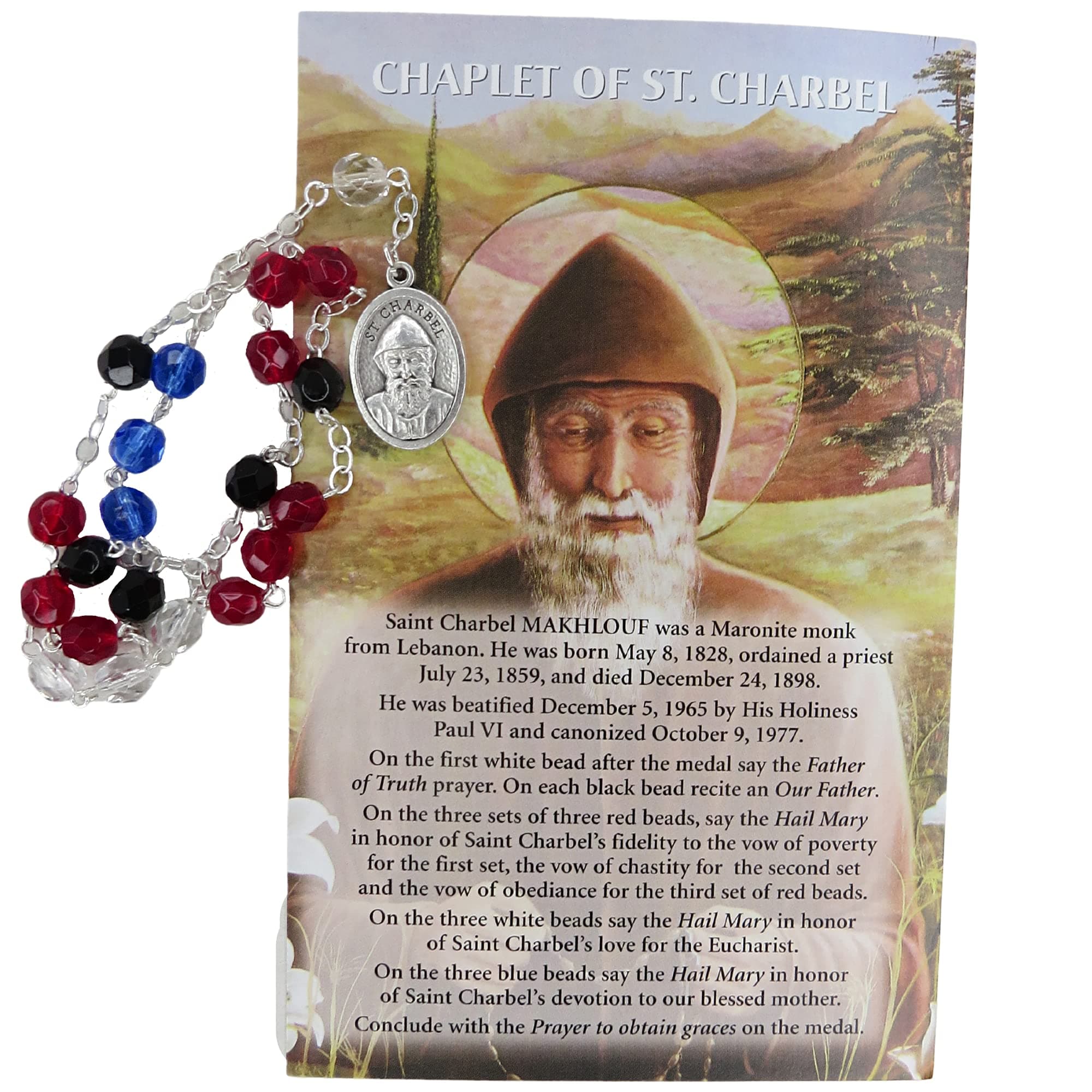 Needzo Catholic Prayer Card and Rosary Gift Set, Saint Charbel Chaplet with Red, Blue and Black Crystal Beads and Silver Tone Pray for Us Medal, Pocket Prayers and Rosaries, 5.75 Inches, 5.75 Inches
