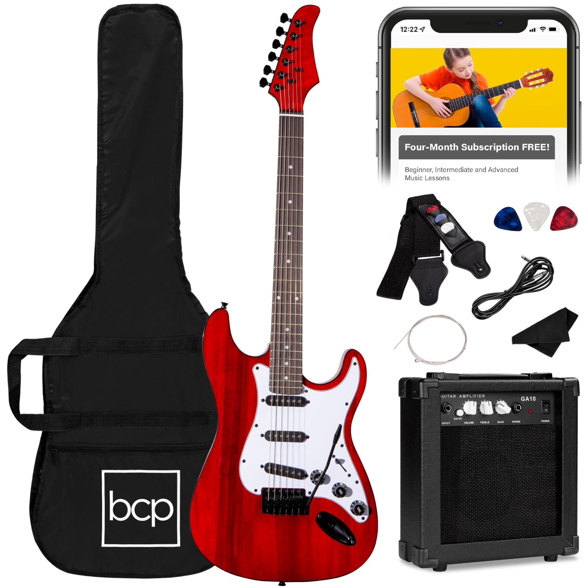 39in Full Size Beginner Electric Guitar Starter Kit w/Case, Strap, 10W Amp, Strings, Pick, Tremolo Bar - Cherry Red