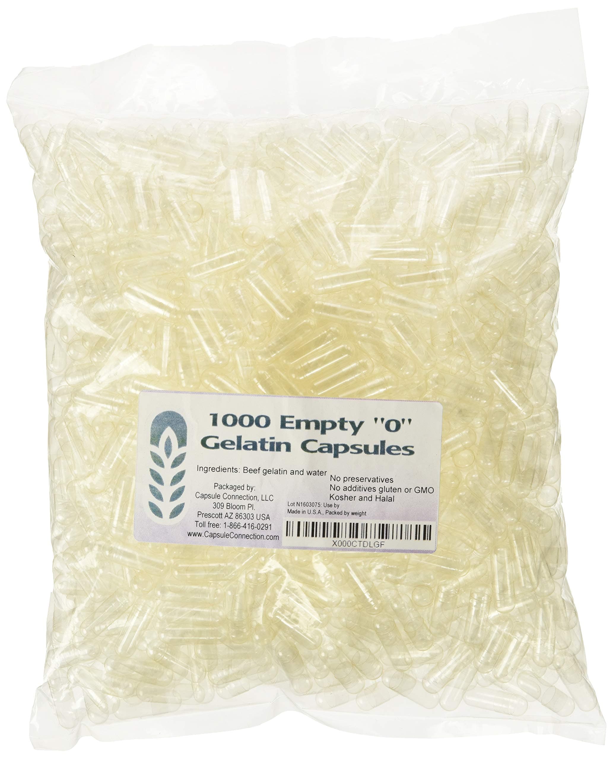 1000 Bulk "0" Empty Gelatin Capsules, USA-made, resealable bag