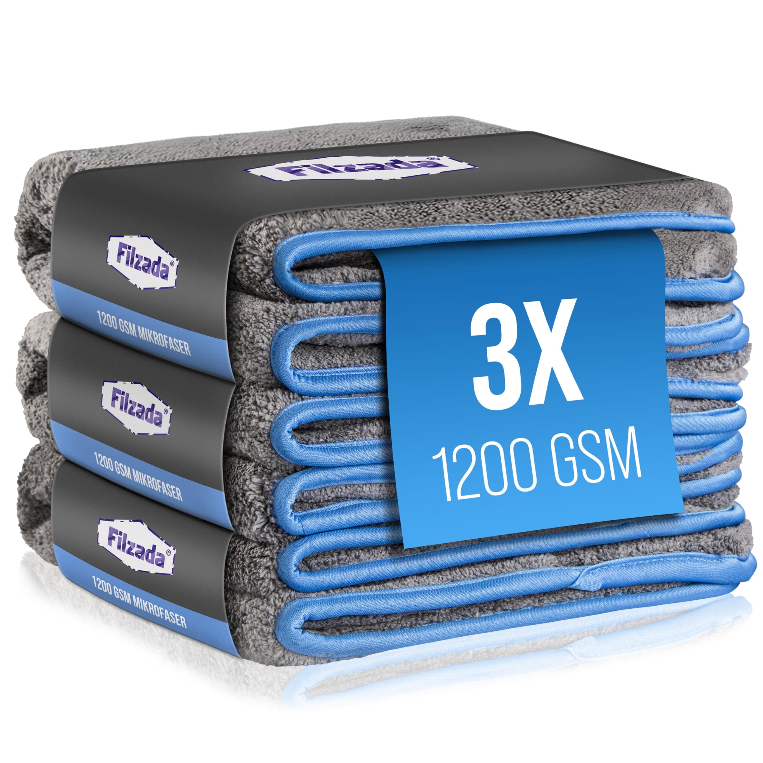 Filzada® 3x Microfiber Cleaning Cloth Car With 1200 GSM - Gentle On Lacquer, Incredible Suction Power And Lint-Free - Car Polishing Cloths For Professional Car Care In 42x48cm