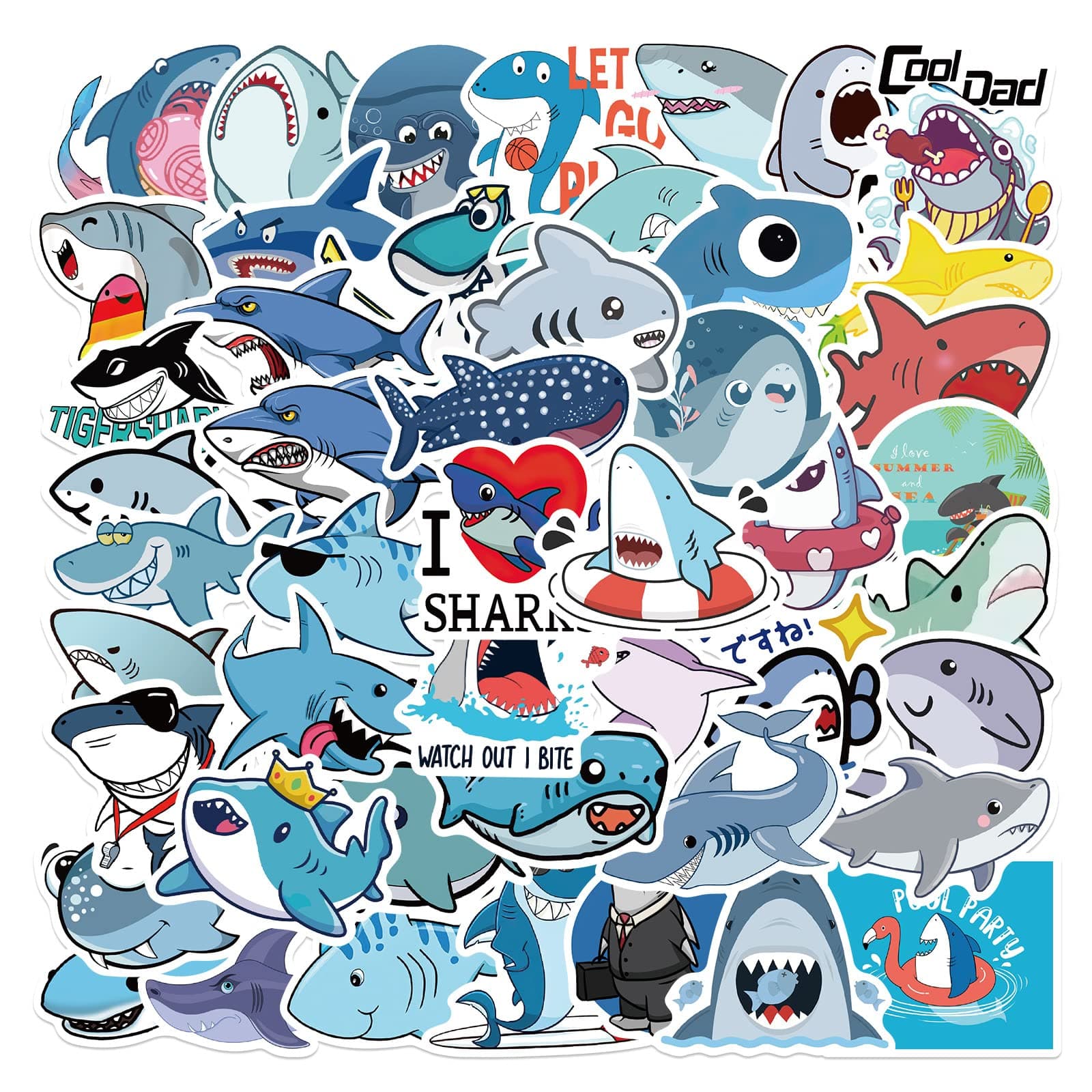 Cute Shark Waterproof Stickers for Kids Boys Teens Adults, 50Pcs Cool Shark Vinyl Stickers Pack for Water Bottle, Laptop, Scrapbook, Guitar, Blue Ocean Animal Decals, Party Supplies