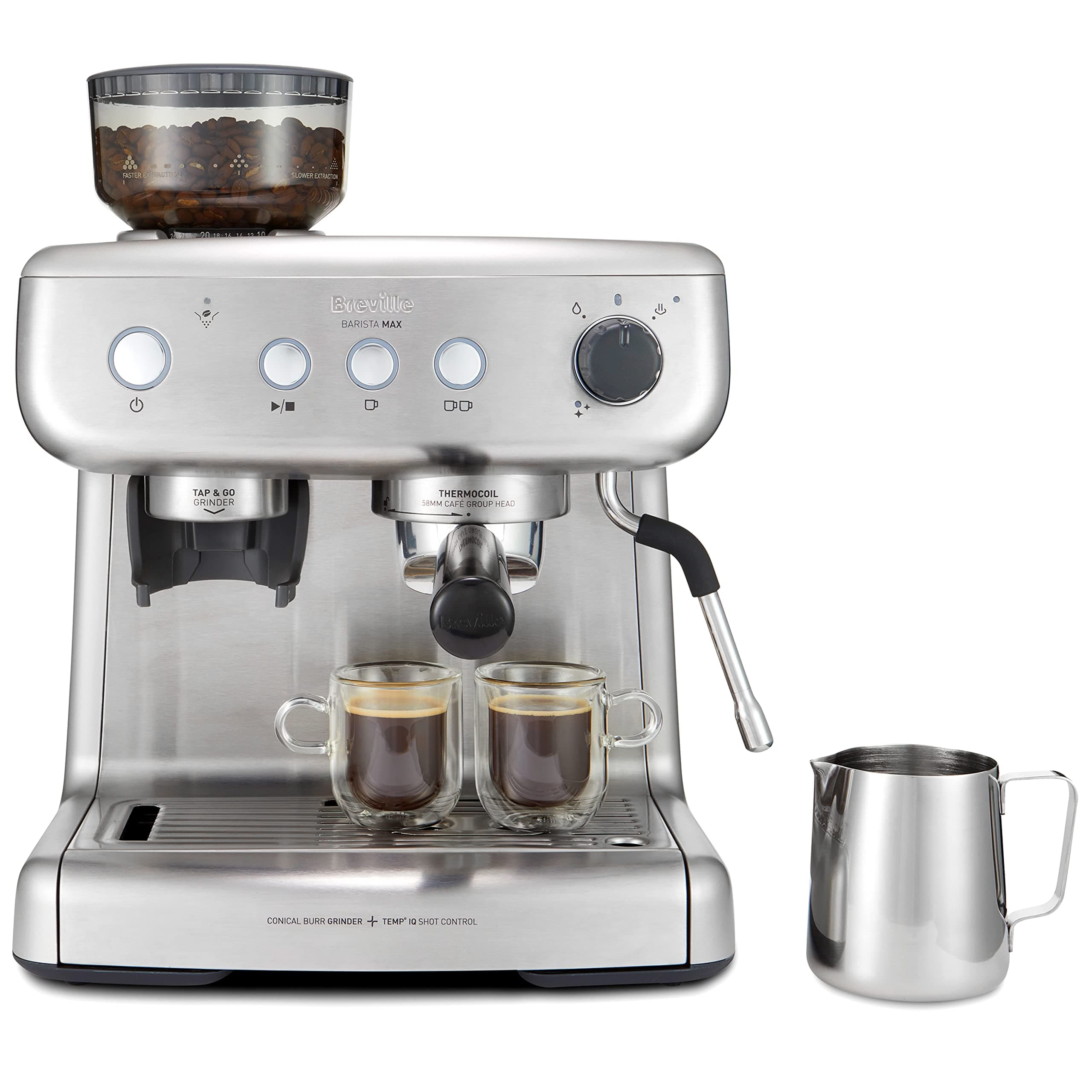 Barista Max Espresso Machine | Latte & Cappuccino Coffee Maker with Integrated Bean Grinder & Steam Wand | 2.8 L Water Tank | 15 Bar Italian Pump | Stainless Steel