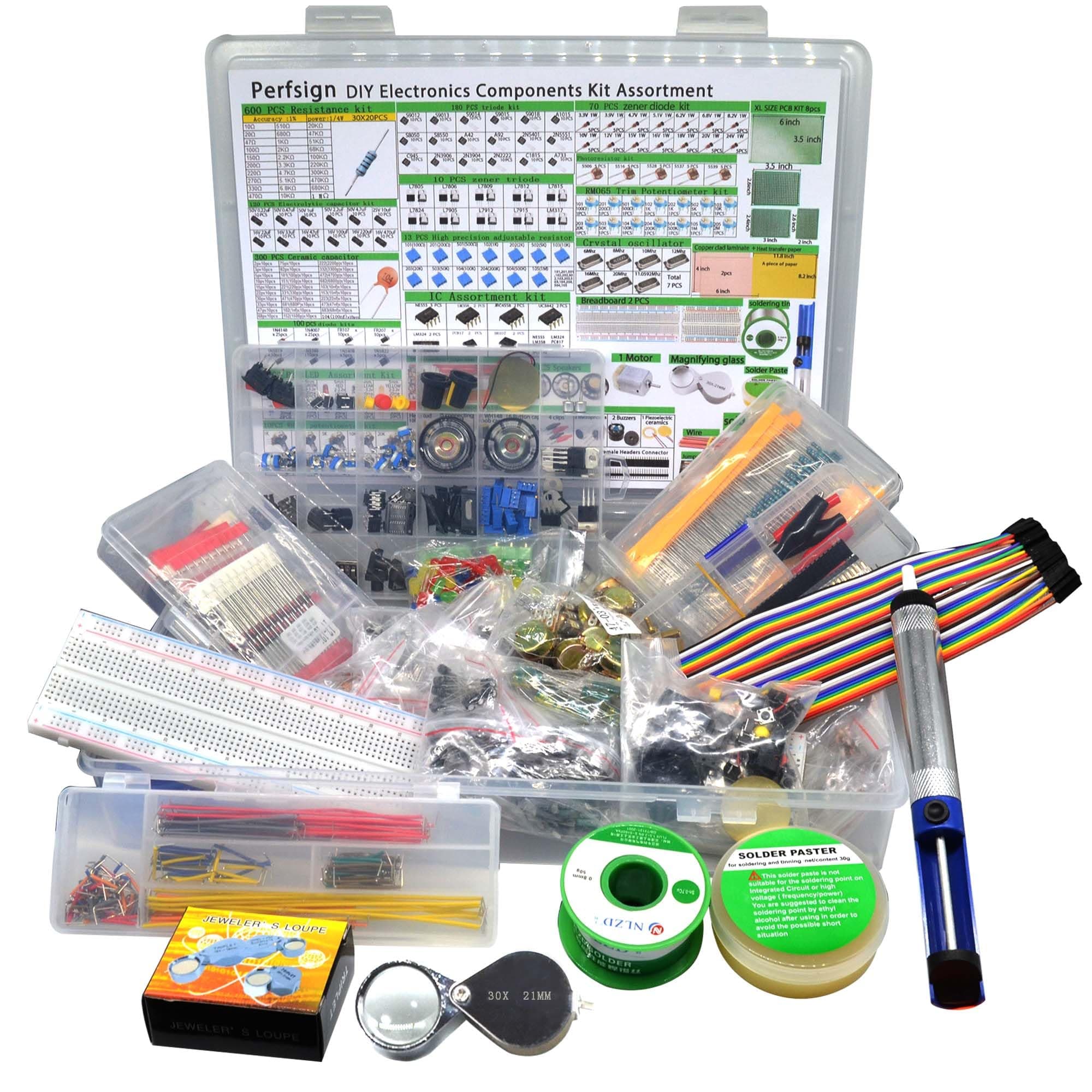 2300pcs xxxxl complete set diy electronic components variety box kit, ic, soldering, solder sucker, pcb, breadboard, jumper wire, magnifier, resistors, capacit