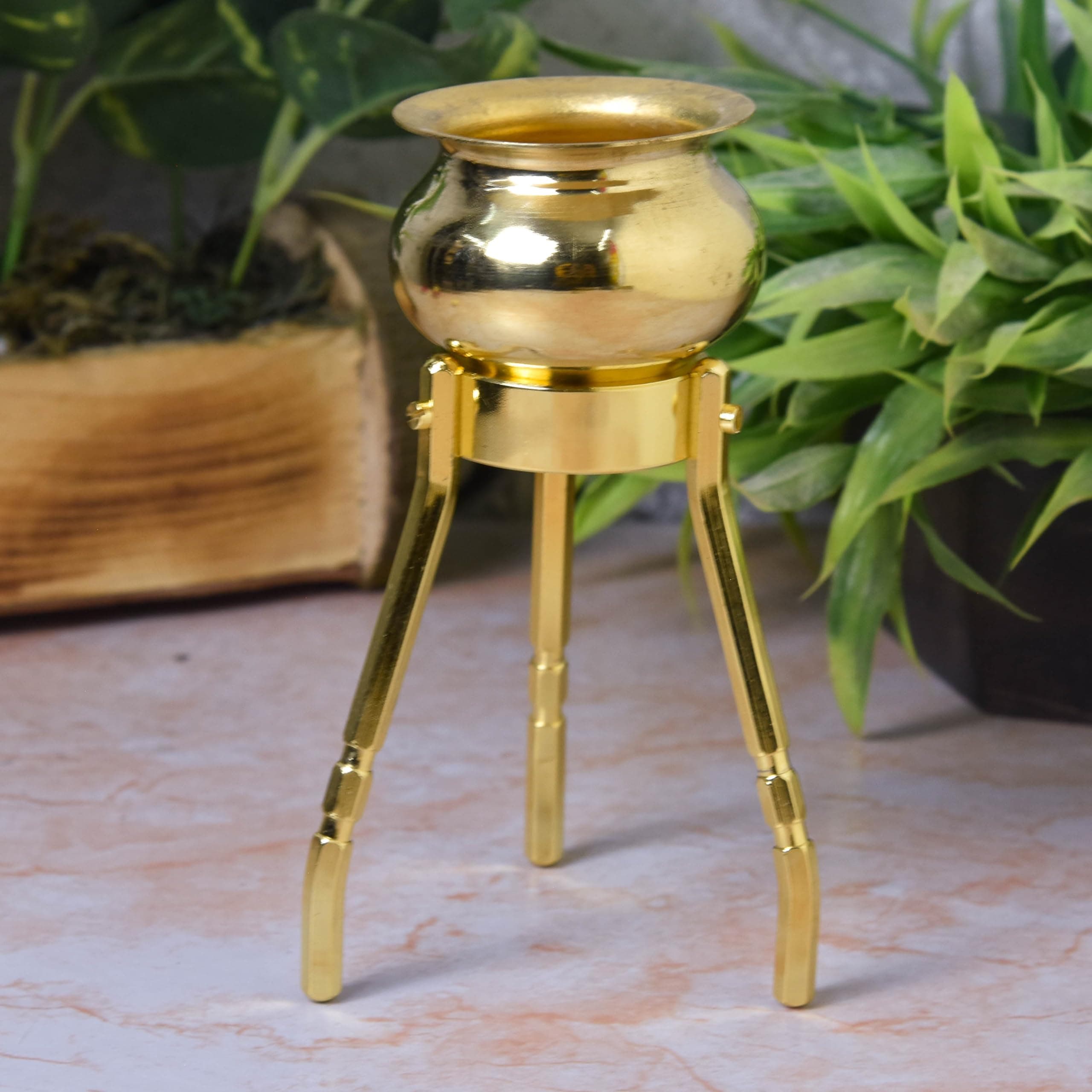 4-Inch Brass Round Abhishek Stand Set with Kalash – Shivling Abhishek Pooja Accessory for Home Temple Décor