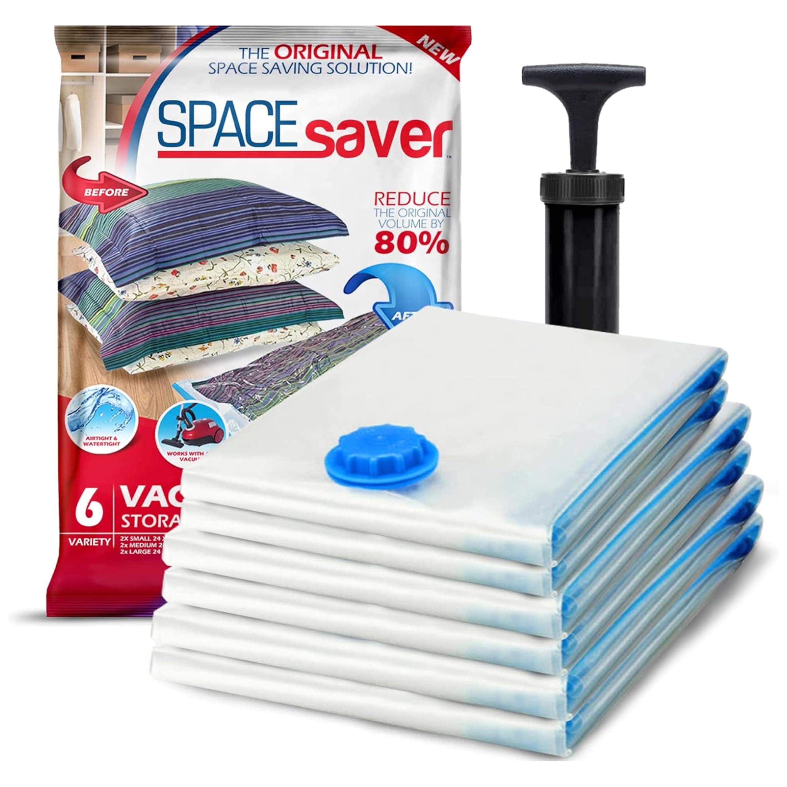 Spacesaver Jumbo Vacuum Storage Bags for Clothes - 100 x 80 cm Vacuum Bags and Space Saver for Comforters and Blankets - Compression Seal for Closet Organization with Hand Pump for Travel - Pack of 6