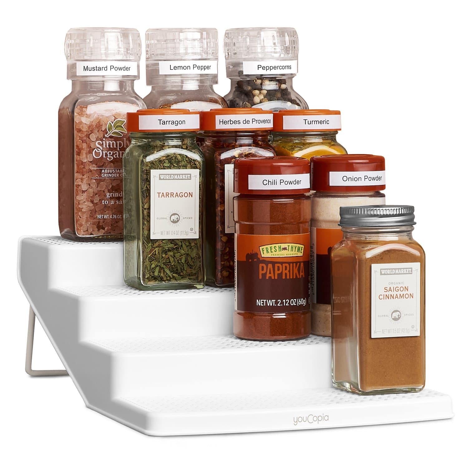 YouCopia ShelfSteps 4-Tier Spice Shelf Cabinet Organizer, Small with Labels, White