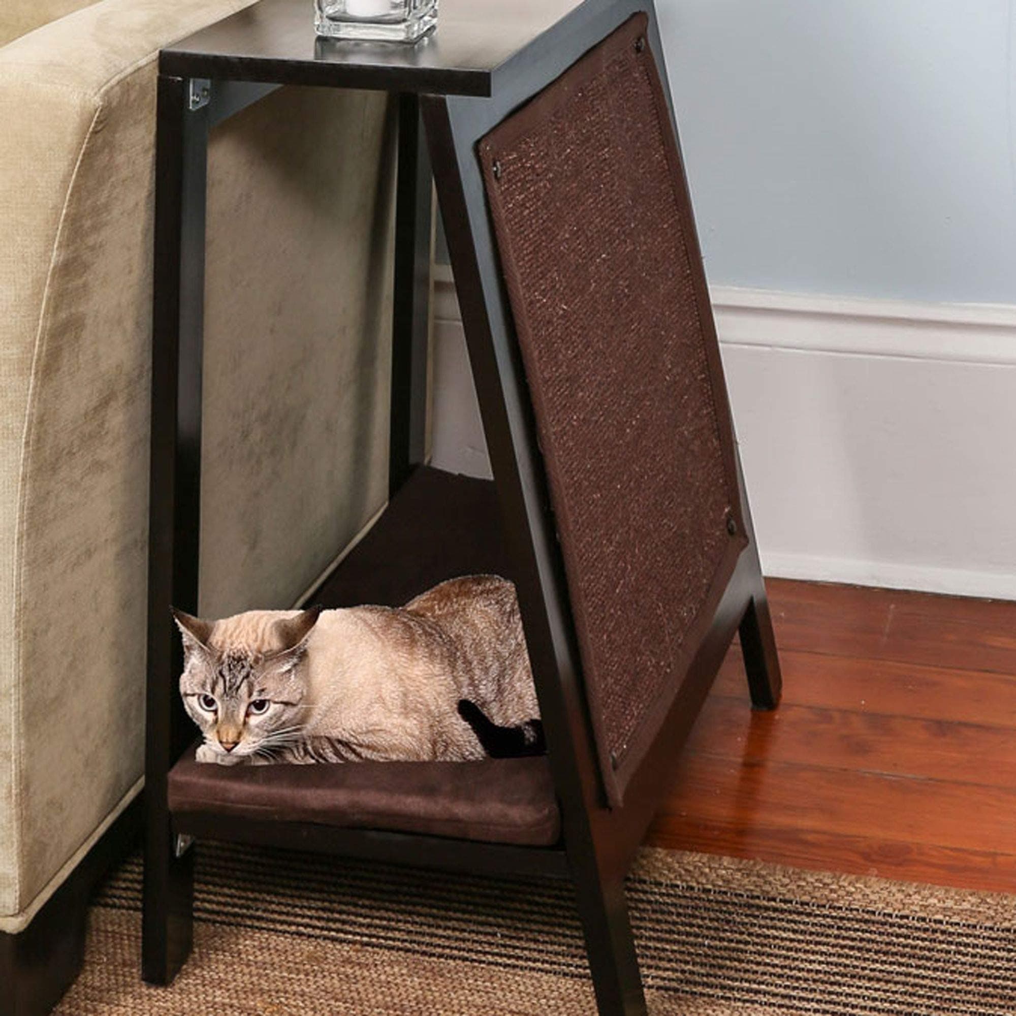 THE REFINED FELINE A-Frame Cat Bed Cave in Black Espresso with Ventilated Base, Multipurpose Wood Cat Furniture Table, Easy To Clean Covered Cat Bed with Replaceable Scratching Post & Washable Cushion