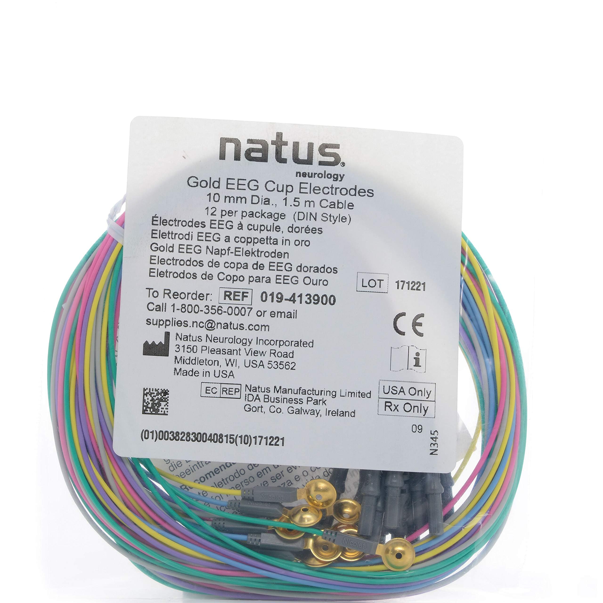 Gold EEG Cup Electrodes, 10mm Dia, 1.5m Cable, 019413900, 12 per PackF