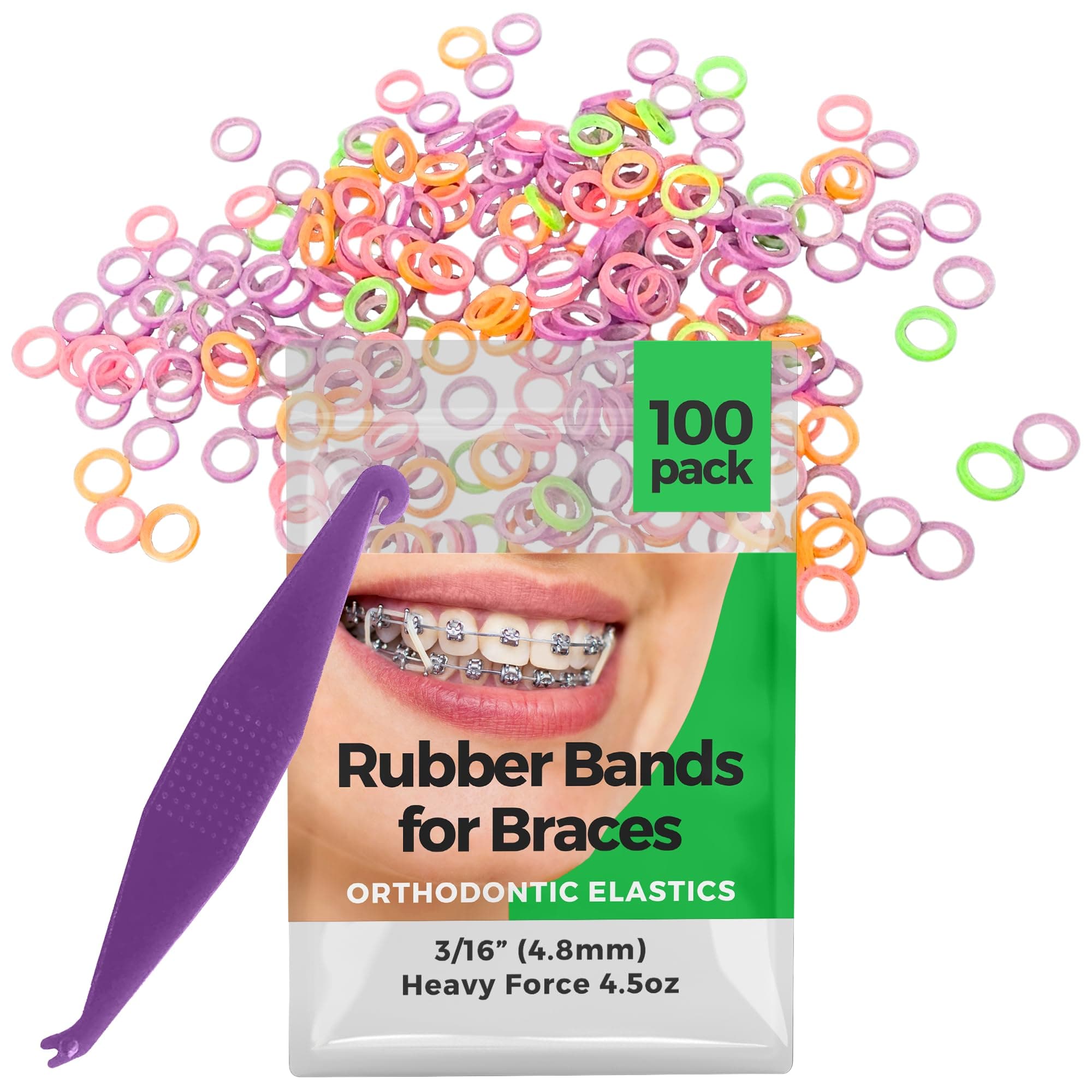 '3/16, Orthodontic Elastic Rubber Bands, Pack of 100 (Pack of 300) or 500 pack, Natural Or Neon Light, Top Knots + Free Elastic Pleasure For Straps Heavy Force 4.5 oz Pack of 100,Neon