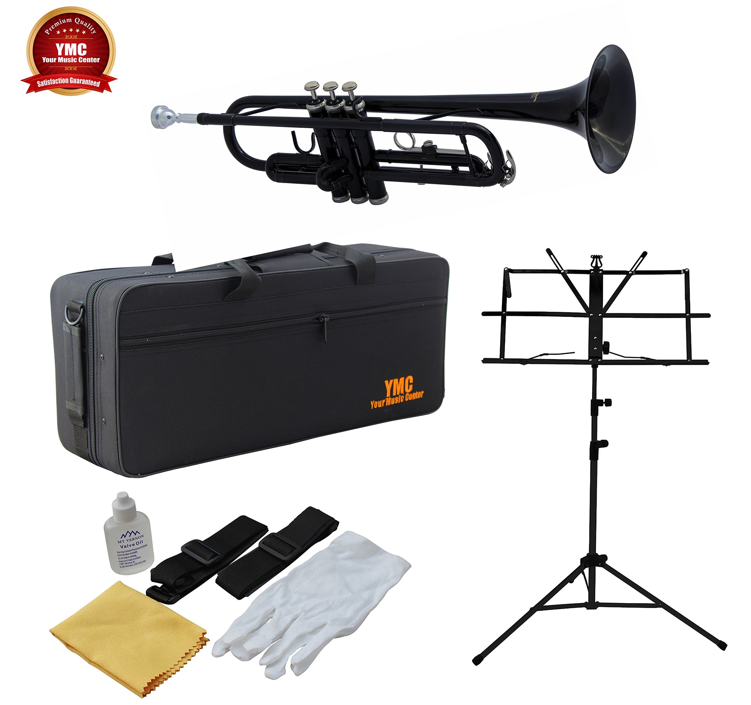 YMC New Concert Band Black Plated Bb Trumpet w/ Case + Music Stand + Tuner - Teacher Approved