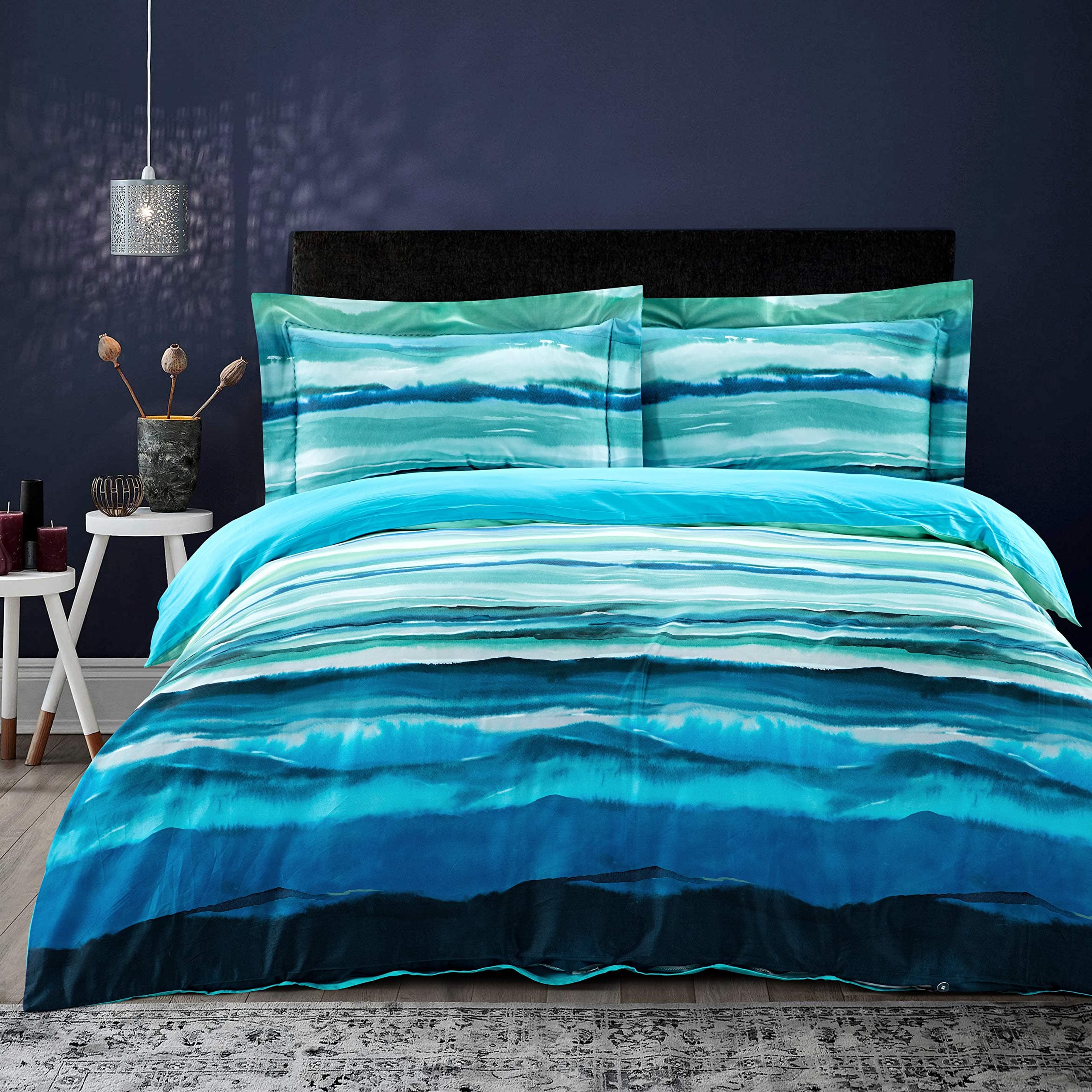 MILDLY Duvet Cover King Size Green and Blue Oceanic Watercolor Stripes Farmhouse 100% Egyptian Cotton Quilt Covers Bedding Chambray Comforter Cover for Men Women (No Comforter)