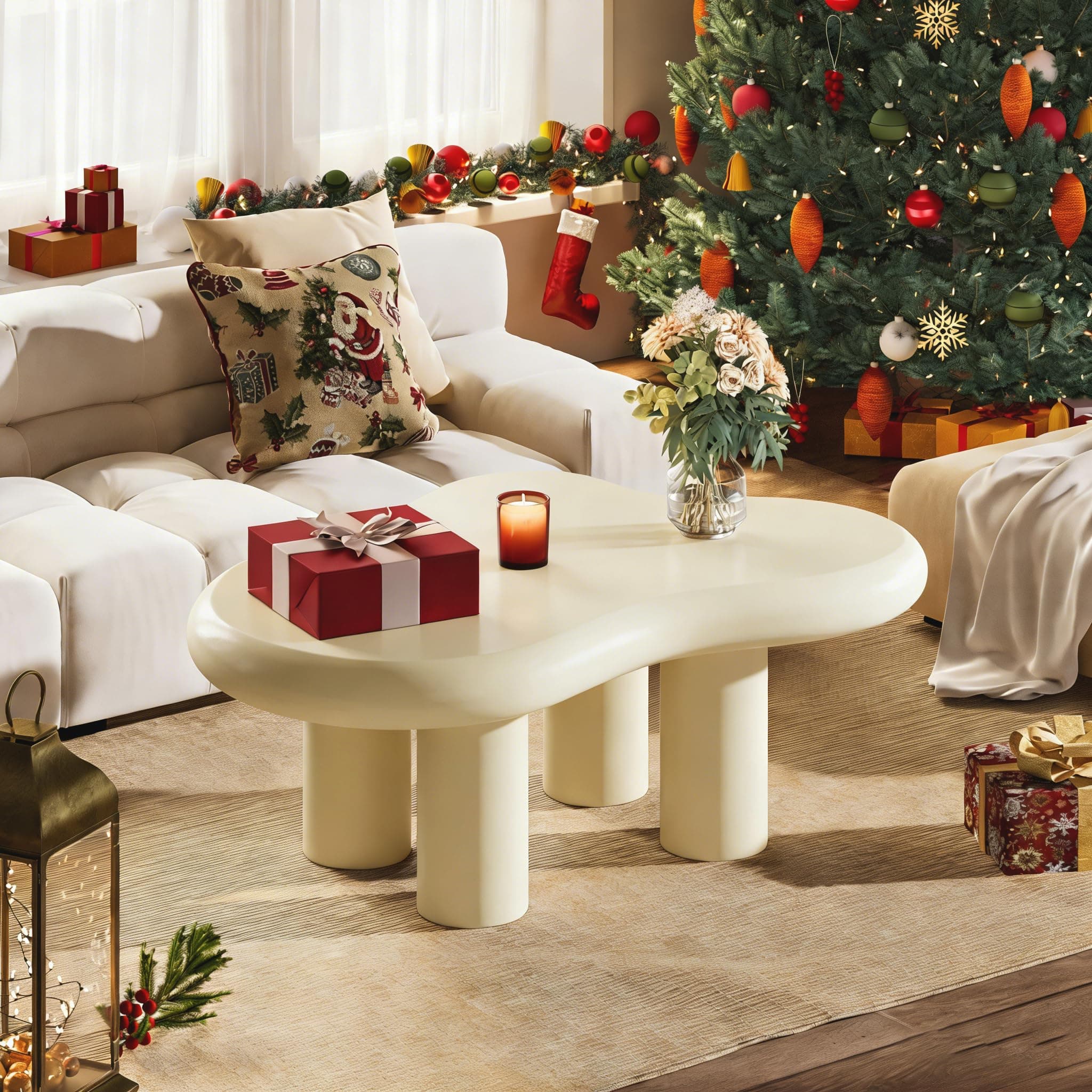 LITTLE TREE White Cloud Coffee Table, Cute End Table, Modern Coffee Table, Cartoon Coffee Table, Irregular Indoor Tea Table for Small Space, Cream White