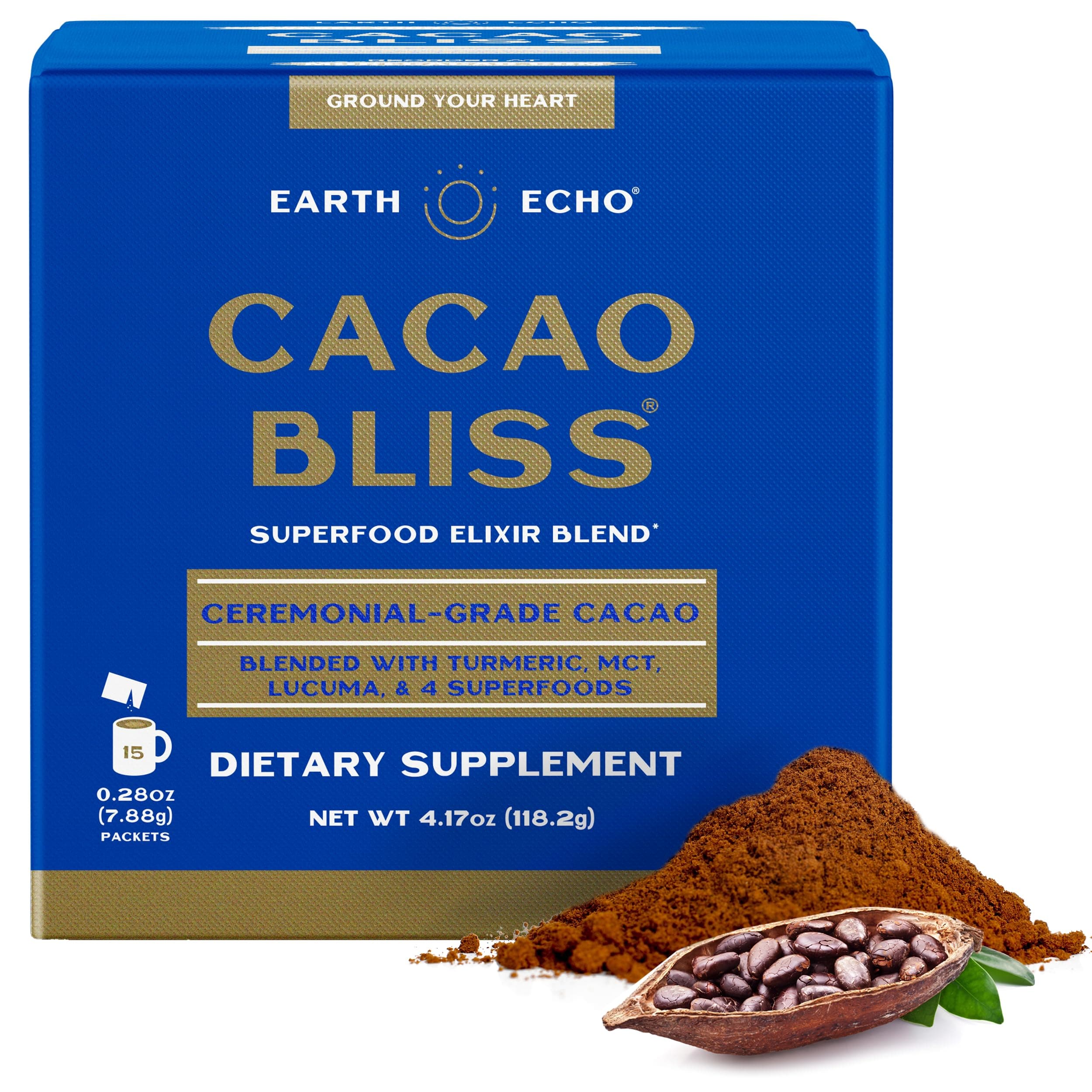Cacao Bliss - Ceremonial Grade Organic Raw Cacao Powder with MCT Oil & Turmeric - Supports Energy Boost, Mindful Snacking & Focus - Unsweetened, Vegan, GMO-Free, 15 Packets for On-the-Go
