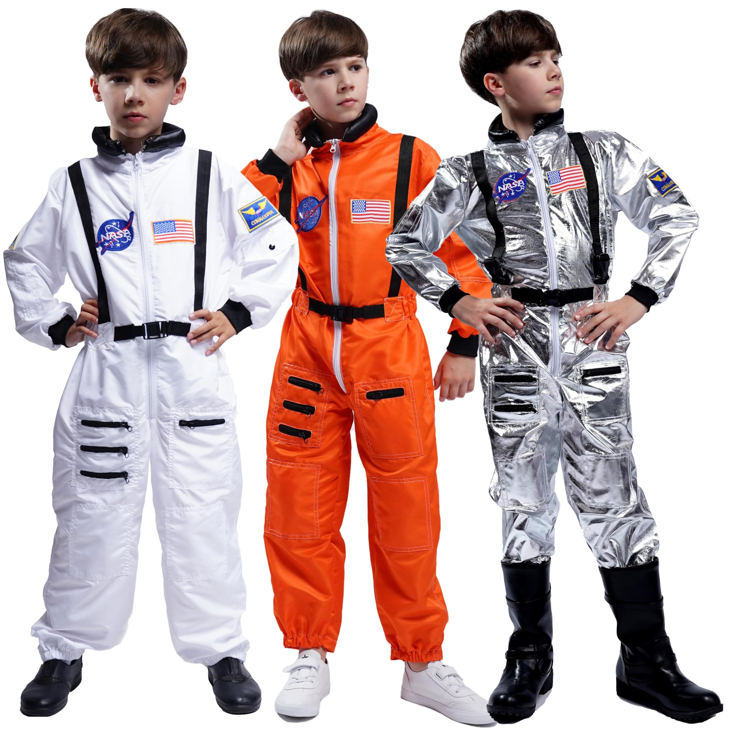 Kids Astronaut Costume Space Suit Onesie With Embroidered Patches And Pockets For Children, Boys (8/10, White)