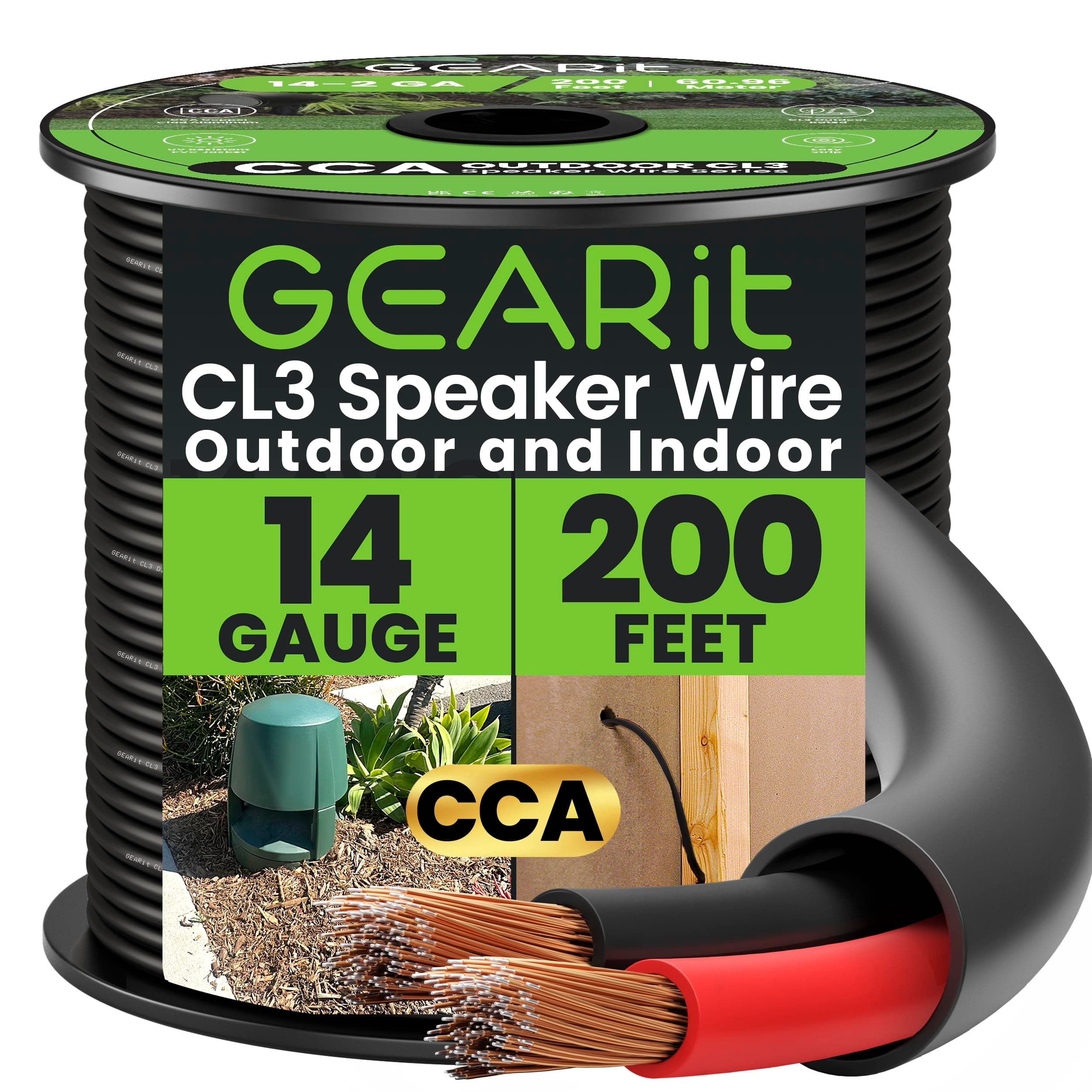 14/2 Speaker Wire (200 Feet) 14 Gauge (Copper Clad Aluminum) - Outdoor Direct Burial in Ground/in Wall / CL3 CL2 Rated / 2 Conductors - CCA, Black 200ft