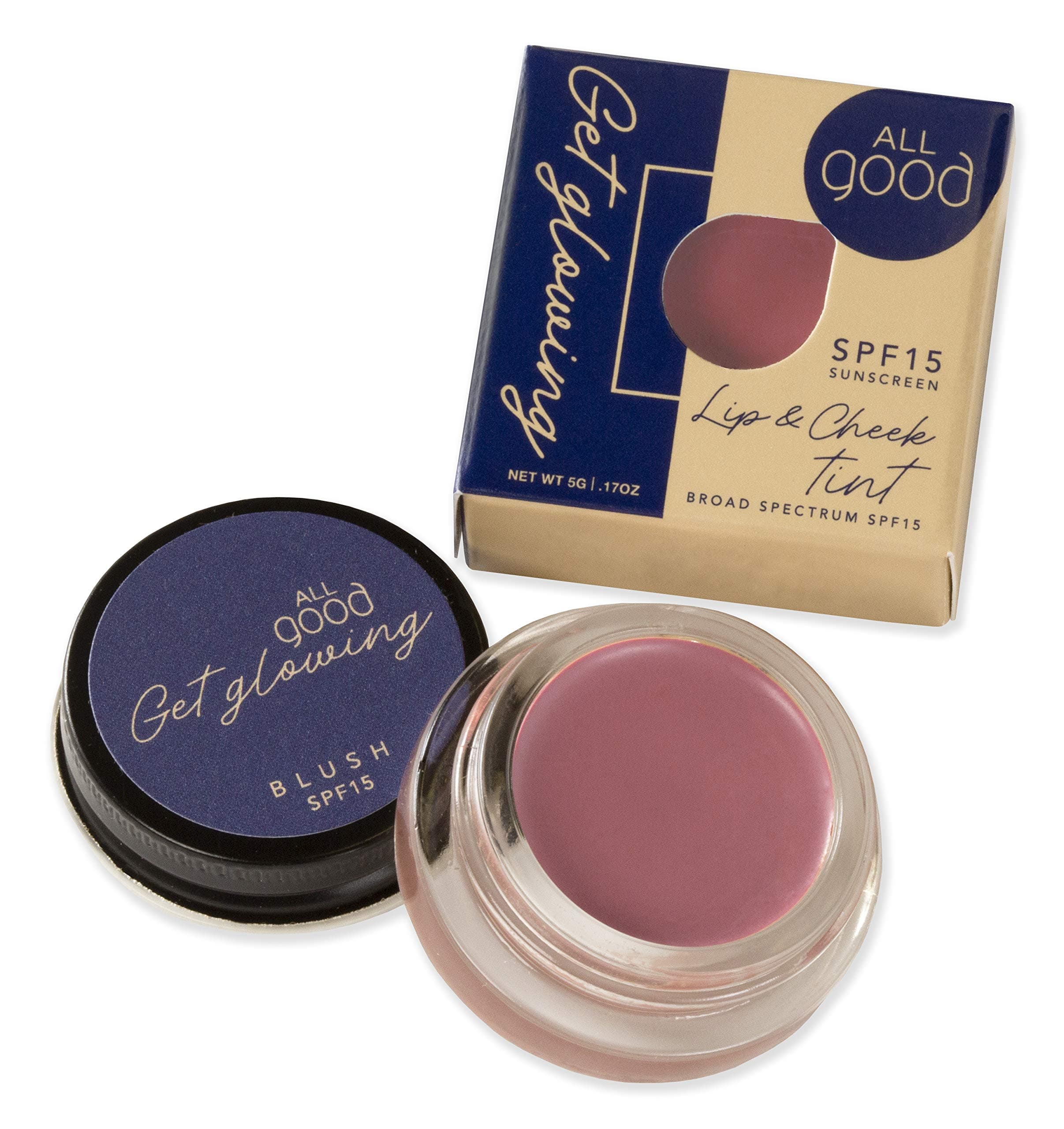 All Good Get Glowing Lip & Cheek Tint - SPF 15 Vegan Mineral Face Makeup Tinted Balm, Cream Blush, Organic Sustainable Botanical Ingredients (Blush)